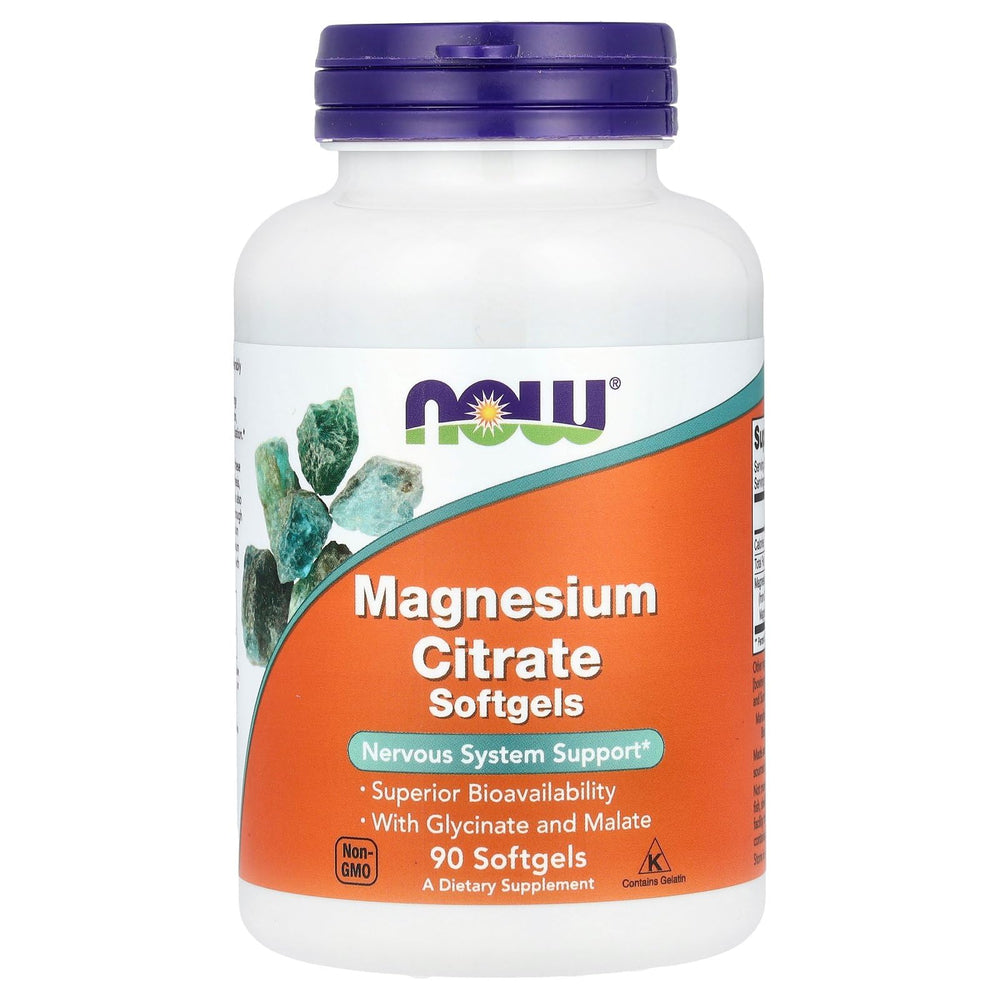 NOW Foods Magnesium Citrate softgels front view, convenient daily supplement for wellness routines.