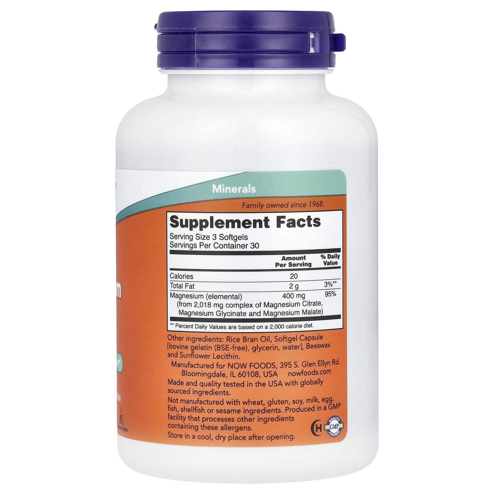 NOW Foods Magnesium Citrate softgels back view of pack, supports routine magnesium intake.