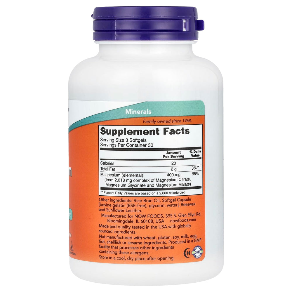 NOW Foods Magnesium Citrate softgels back view of pack, supports routine magnesium intake.