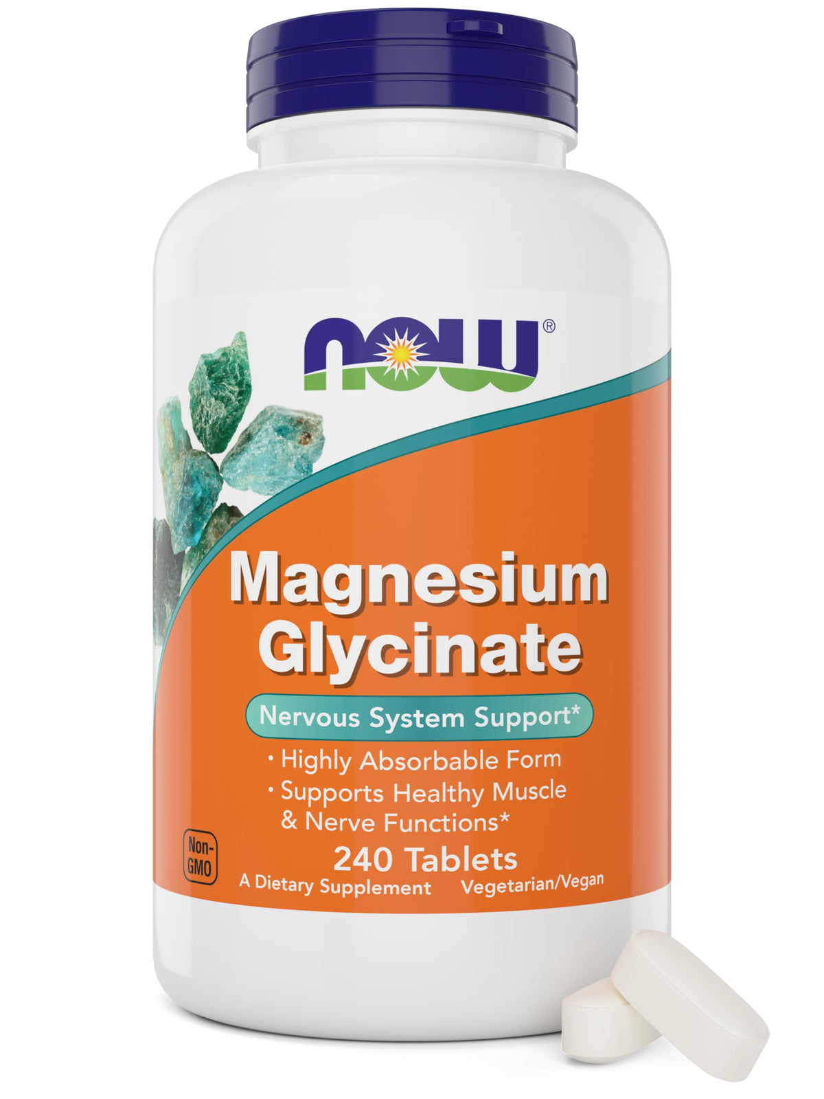 NOW Foods Magnesium Glycinate 240 tablets bottle highlighting a high absorption formula for muscles and nerves