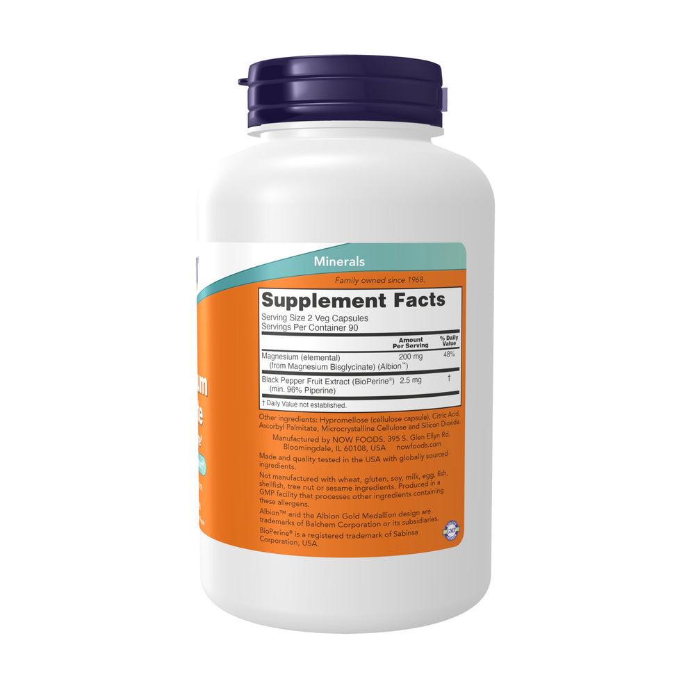 NOW Foods Magnesium Glycinate with Bioperine bottle back, notes on absorption and usage.