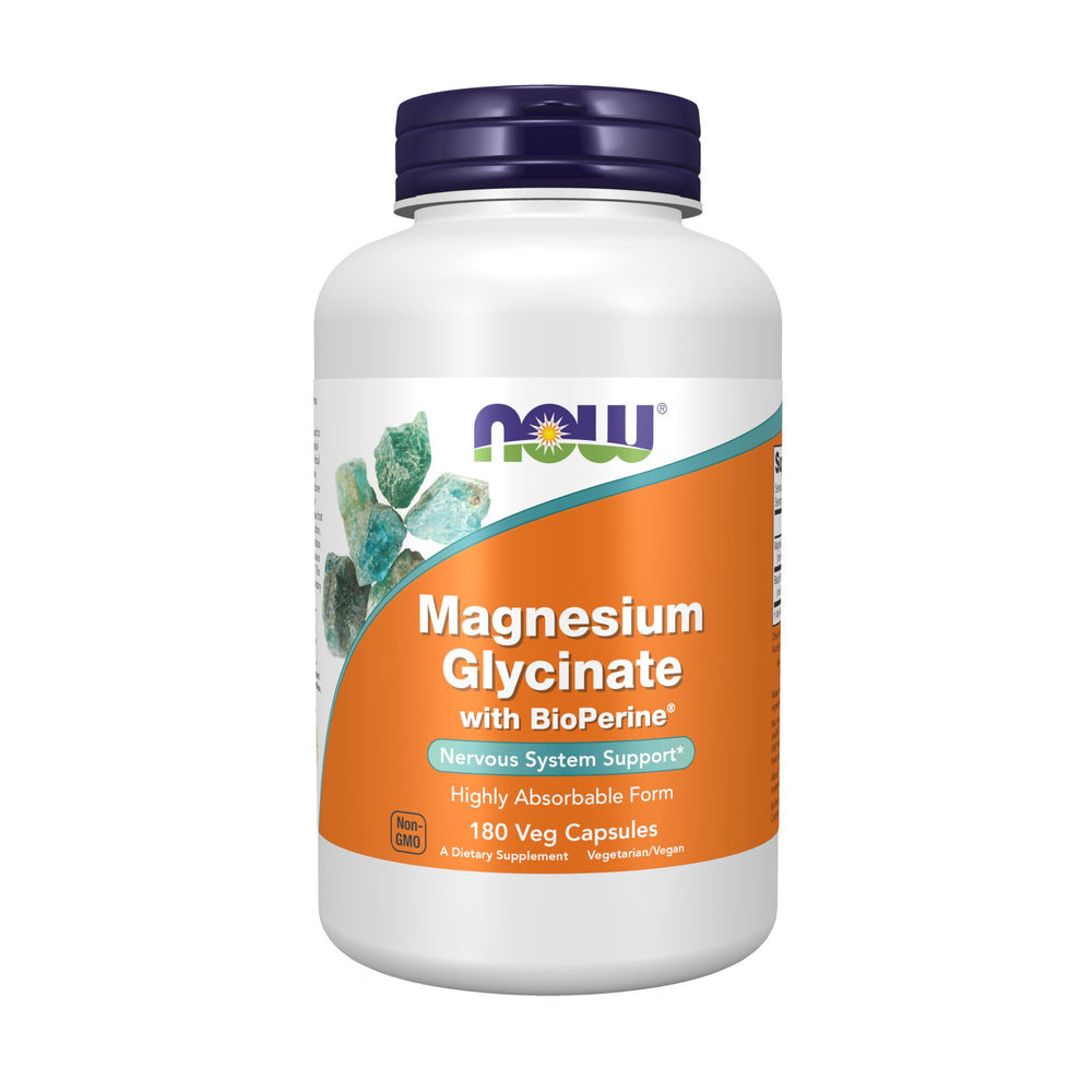 NOW Foods Magnesium Glycinate with Bioperine bottle front, supports daily absorption.