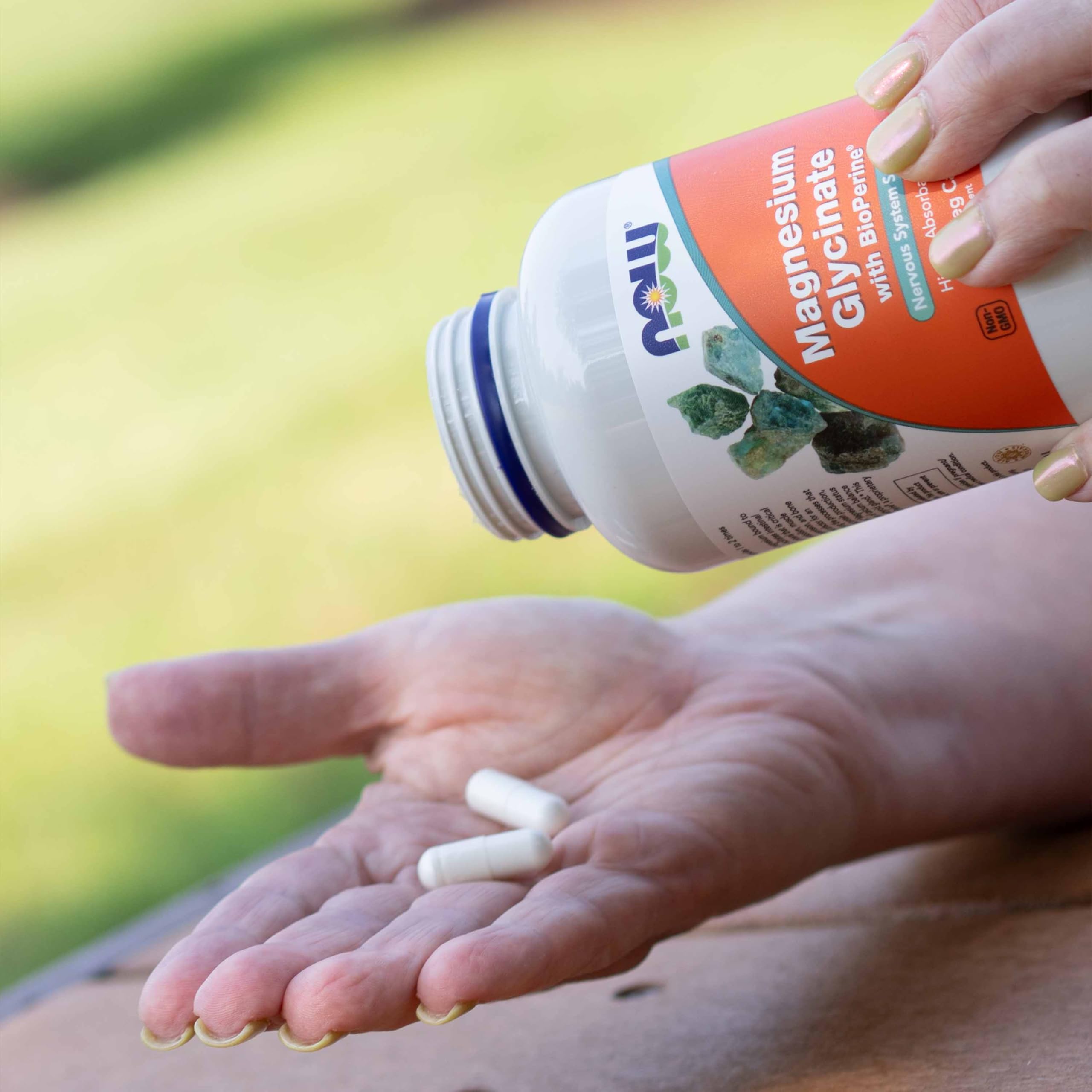 NOW Foods Magnesium Glycinate with Bioperine label, GMP quality emphasis.