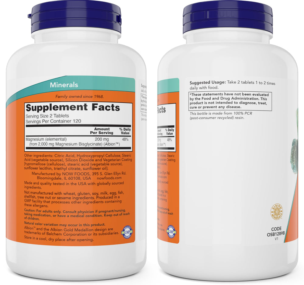 NOW Foods Magnesium Glycinate bottle label emphasizing vegan and non GMO features