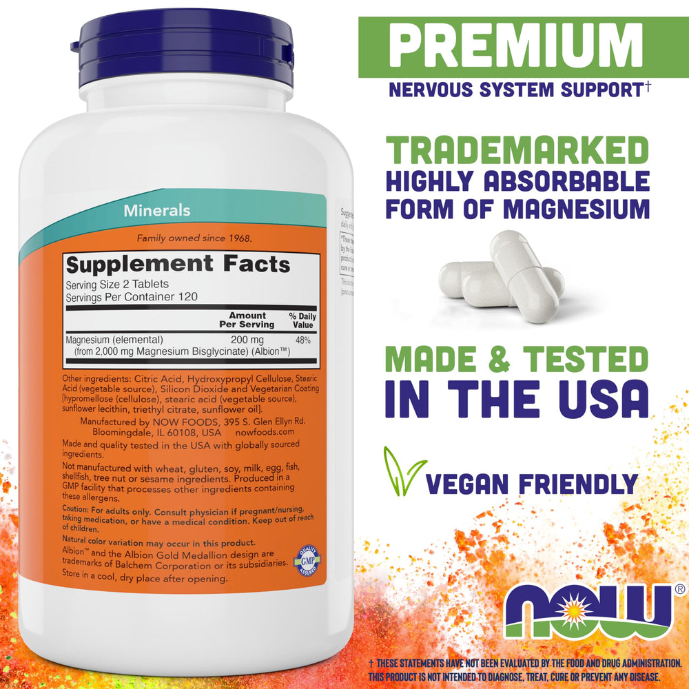 Close-up of NOW Foods Magnesium Glycinate tablets showing a smooth, easy-to-swallow form