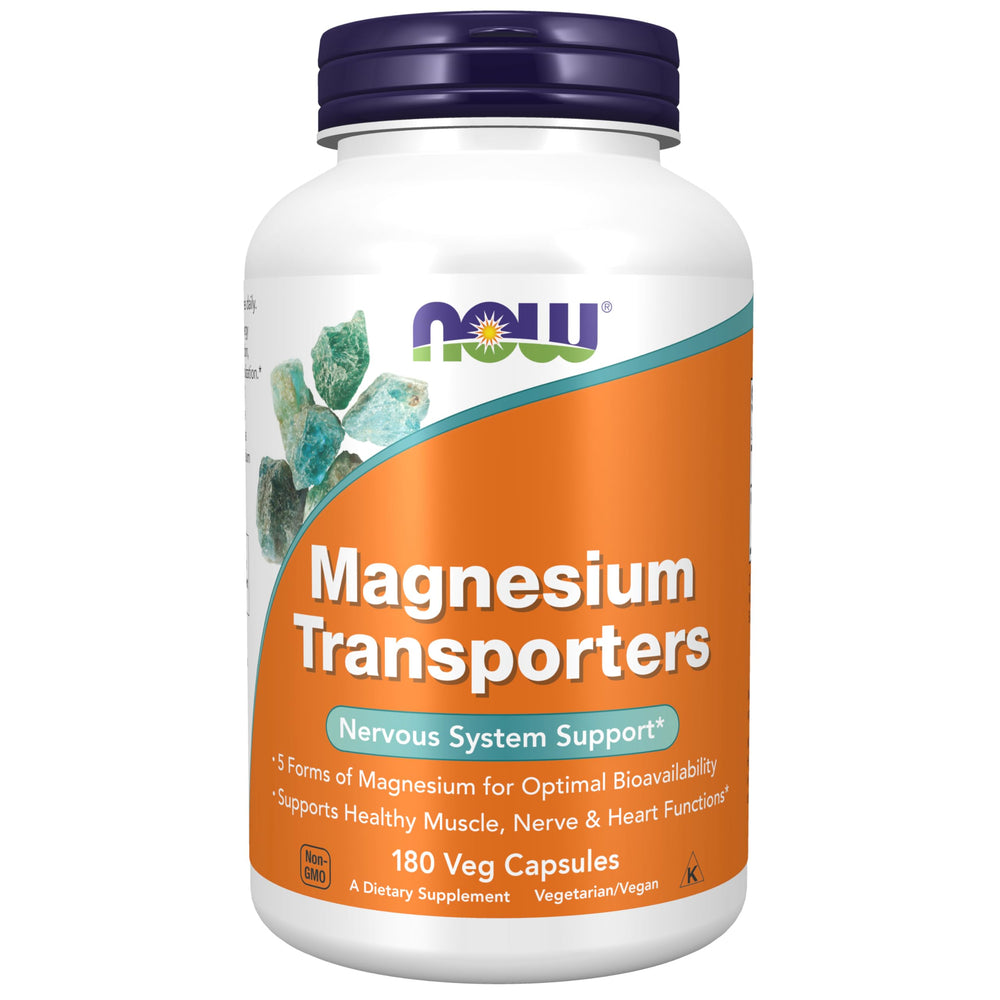 NOW Foods Magnesium Transporters bottle shows five forms for improved absorption.