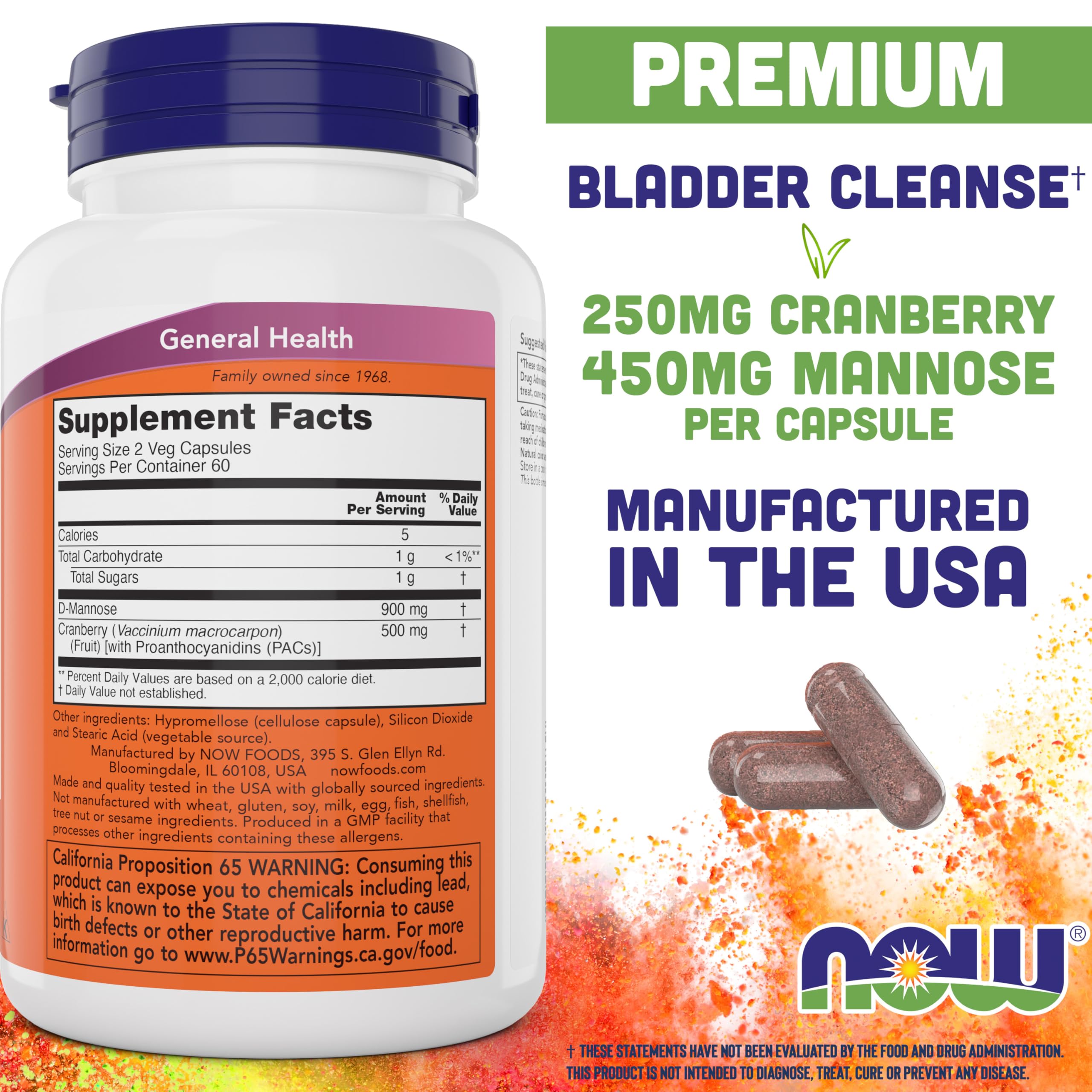 NOW Foods Mannose Cranberry capsules on white background for urinary tract health.