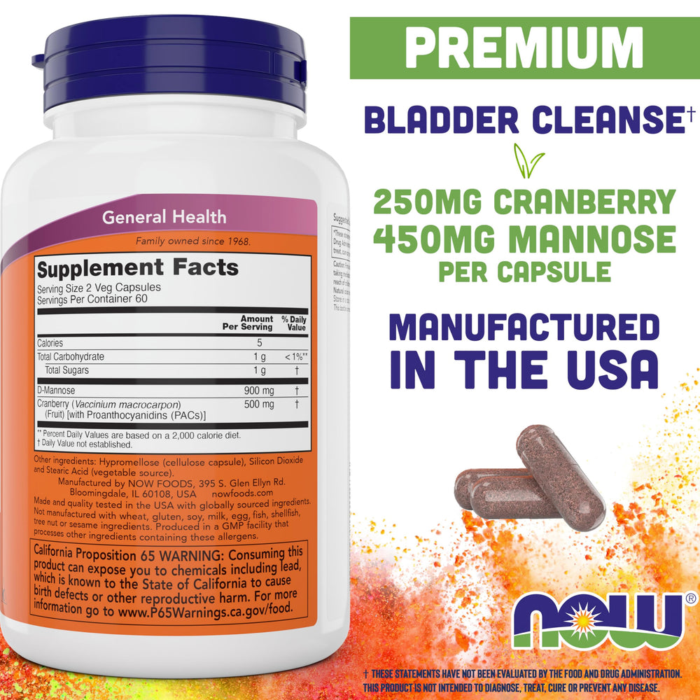 NOW Foods Mannose Cranberry capsules on white background for urinary tract health.