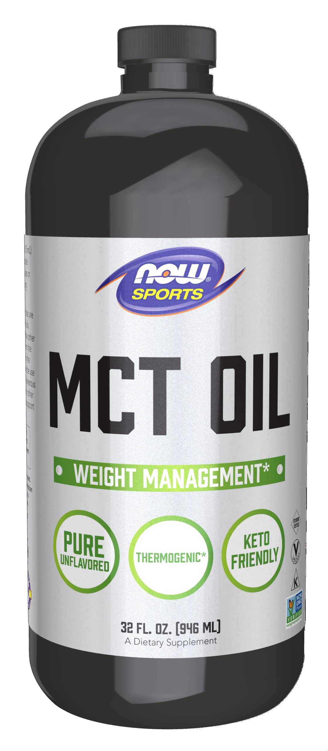 NOW Foods MCT Oil 32oz bottle with label for easy dressings and cooking.