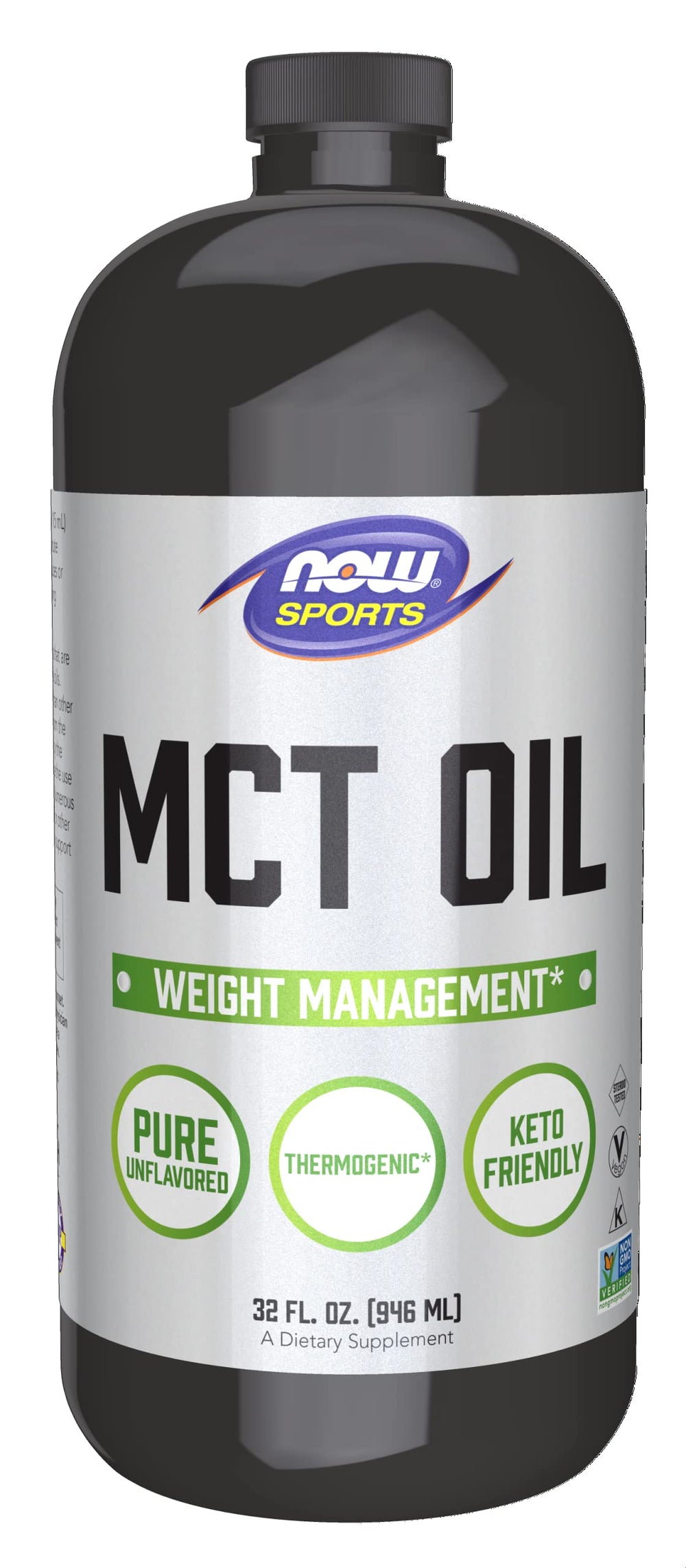 NOW Foods MCT Oil 32oz bottle with label for easy dressings and cooking.