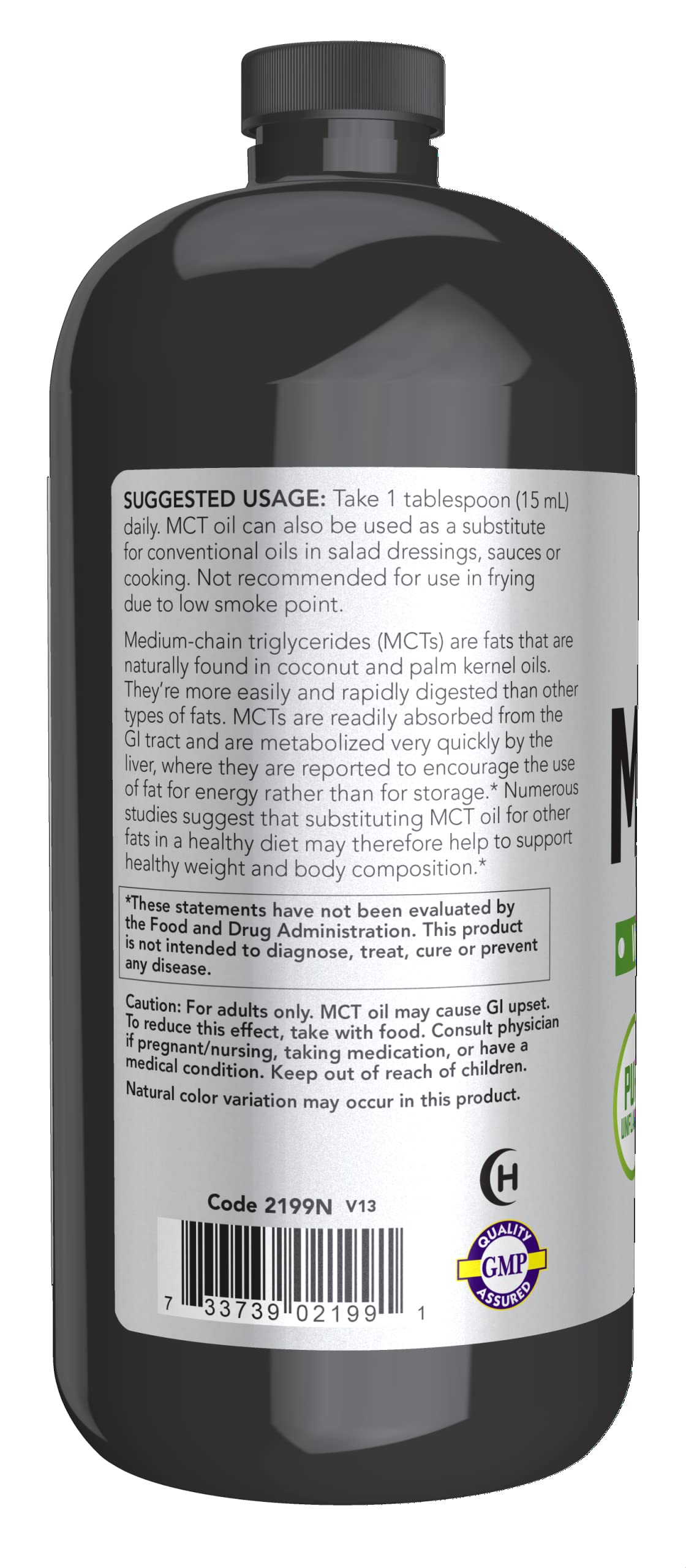 NOW Foods MCT Oil label close-up highlighting unflavored MCT content.