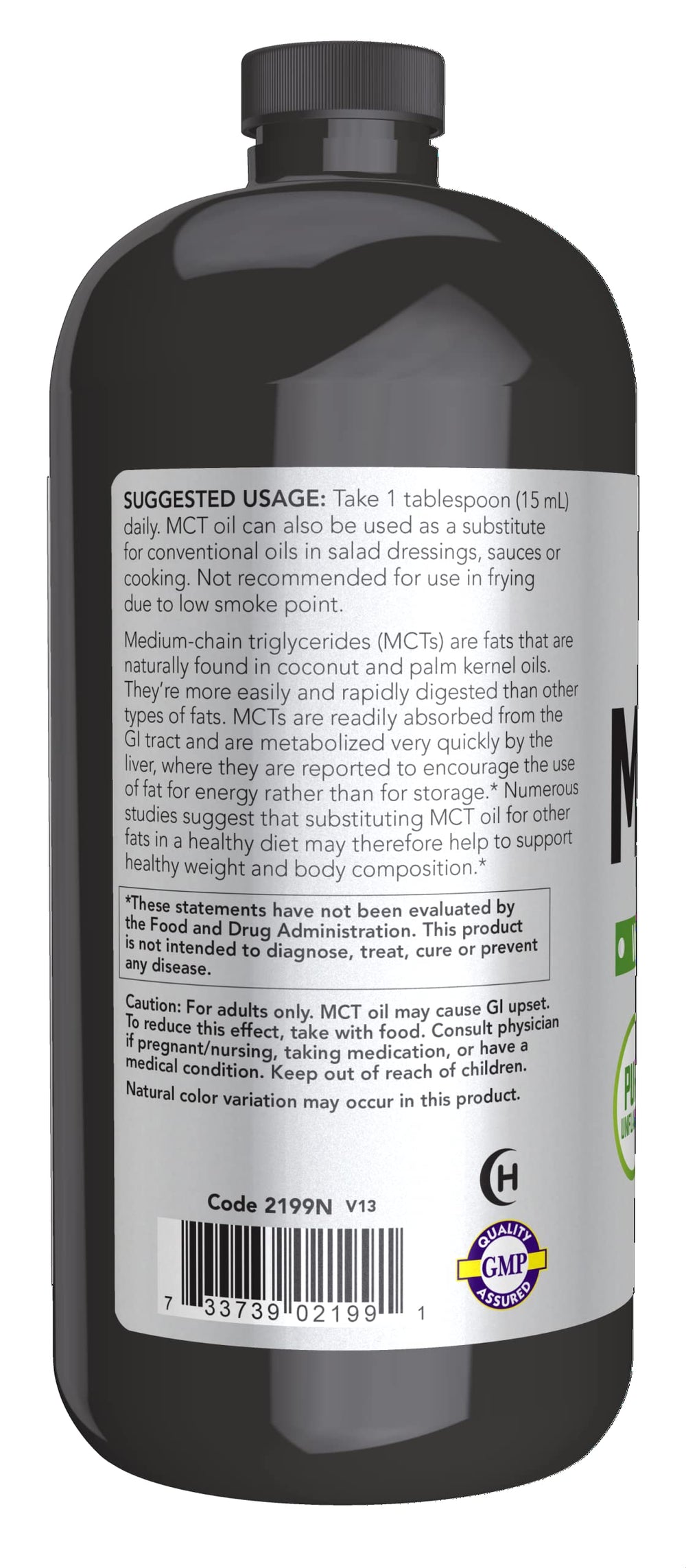 NOW Foods MCT Oil label close-up highlighting unflavored MCT content.