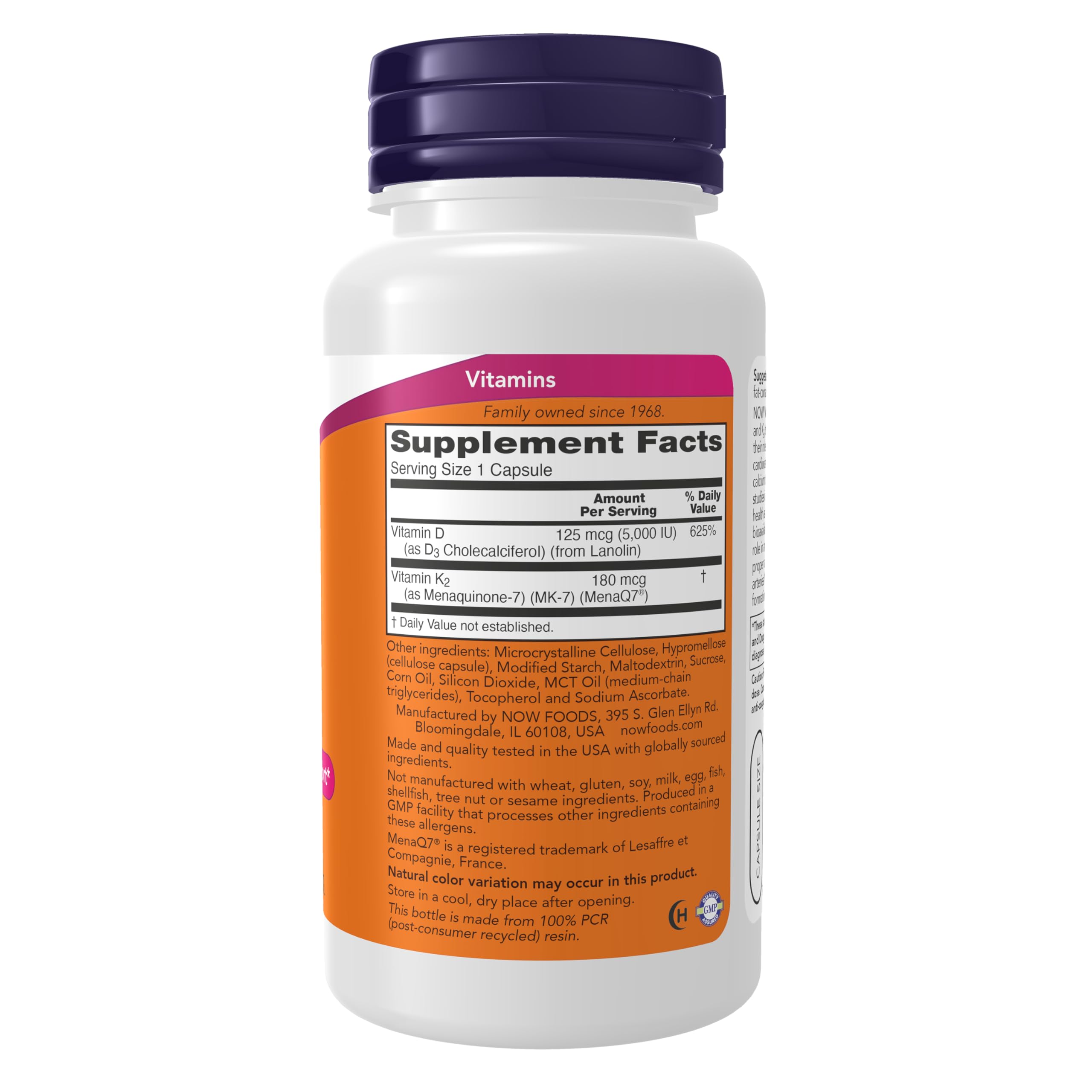 NOW Foods Mega D3 & MK-7 capsule close-up for easy daily use.