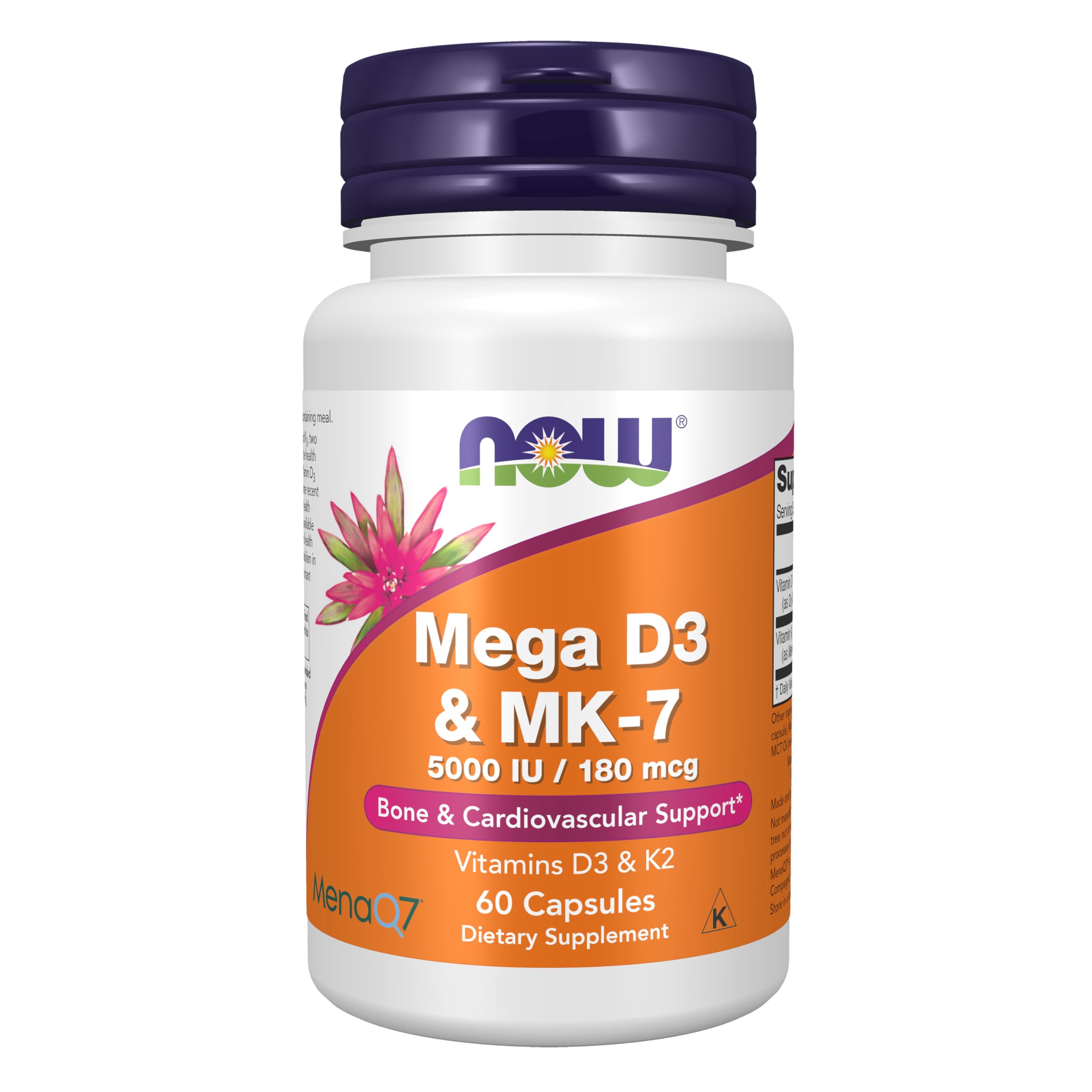 NOW Foods Mega D-3 MK-7 bottle front for bone and heart support visualization.