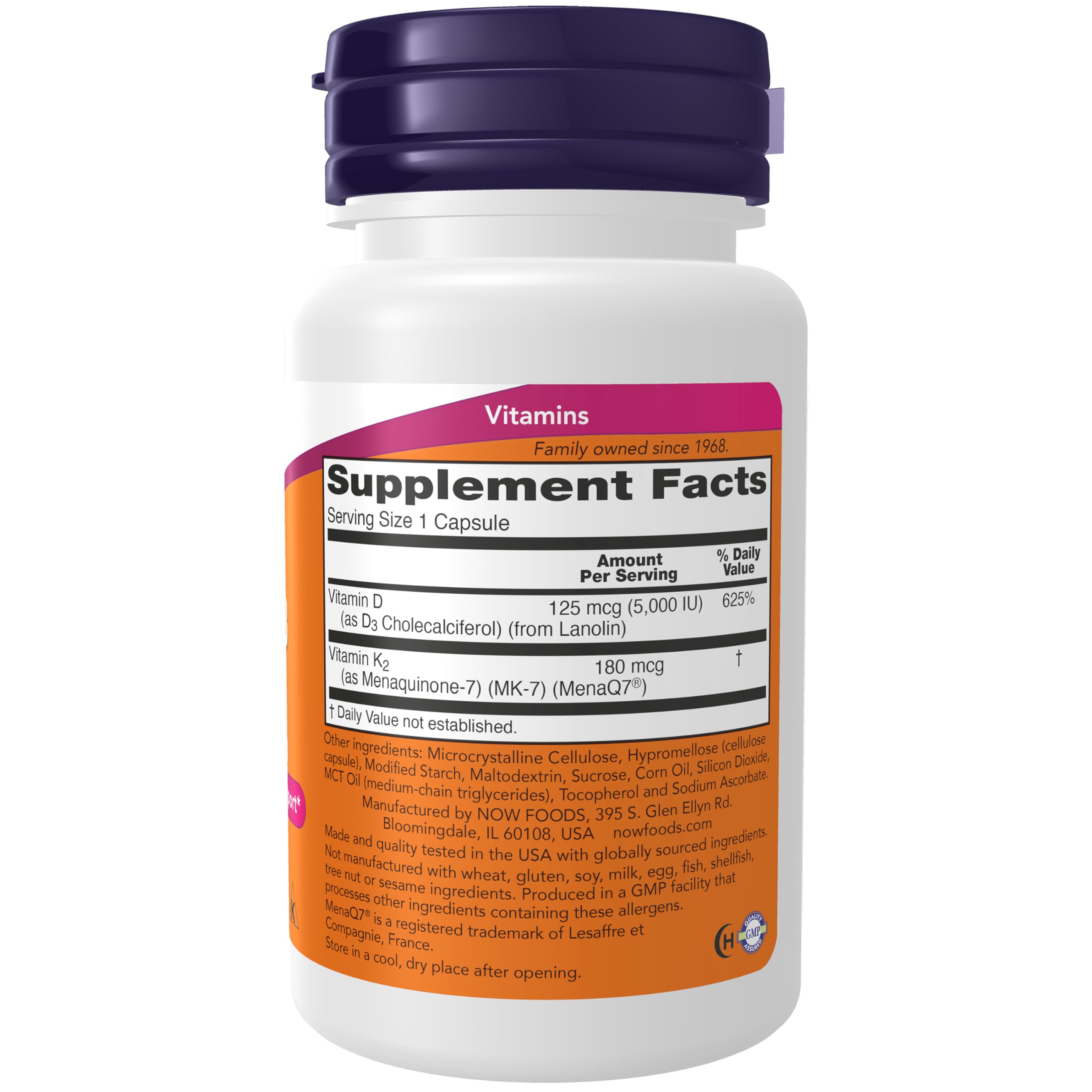 NOW Foods Mega D-3 MK-7 capsules close-up highlighting daily wellness support.