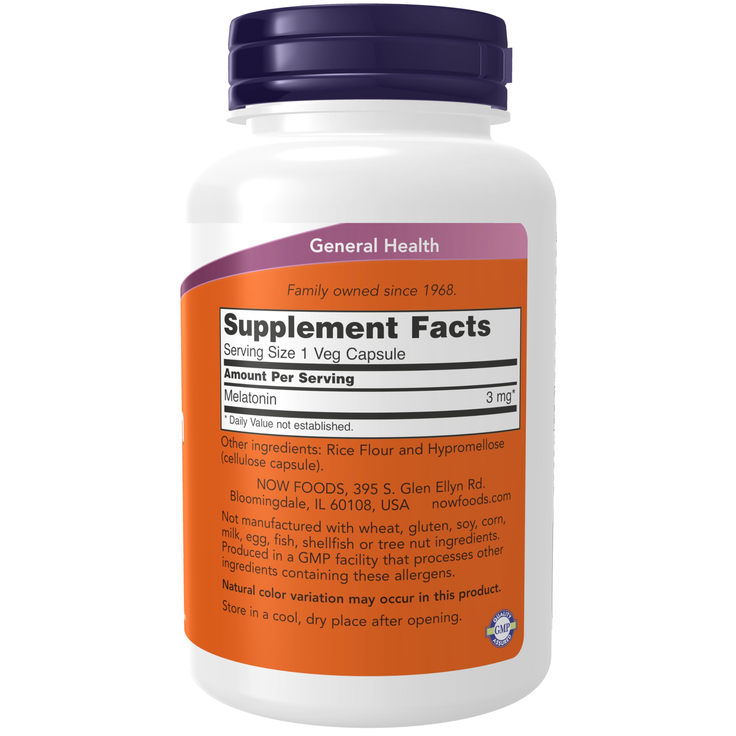 NOW Foods Melatonin 3 mg capsules closeup showing vegan capsules for healthy sleep cycles