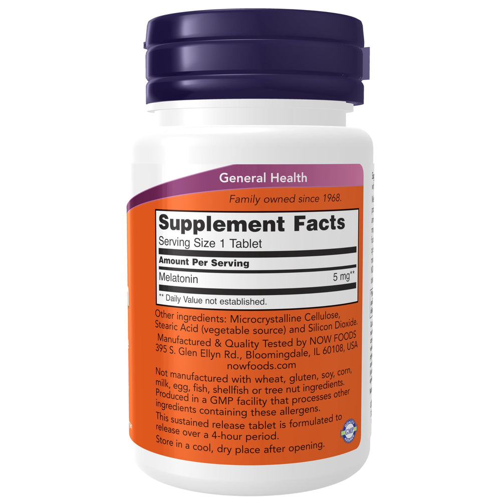 NOW Foods Melatonin 4-hour release tablets close-up showing gradual nightly release