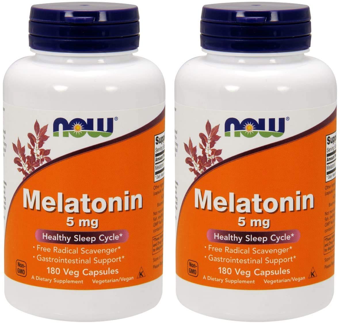 NOW Foods Melatonin 5 mg bottle front showing premium sleep support.