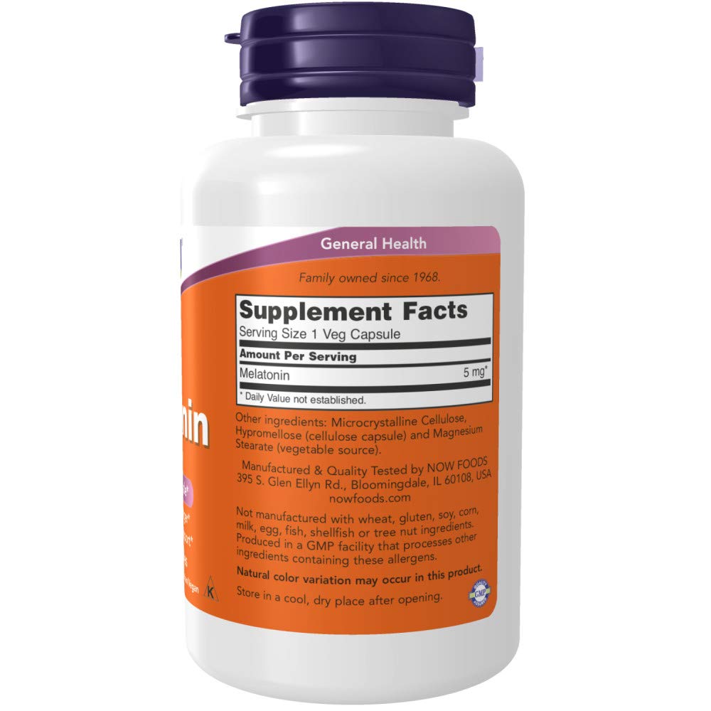 NOW Foods Melatonin bottle label detail shows potency and ingredients.