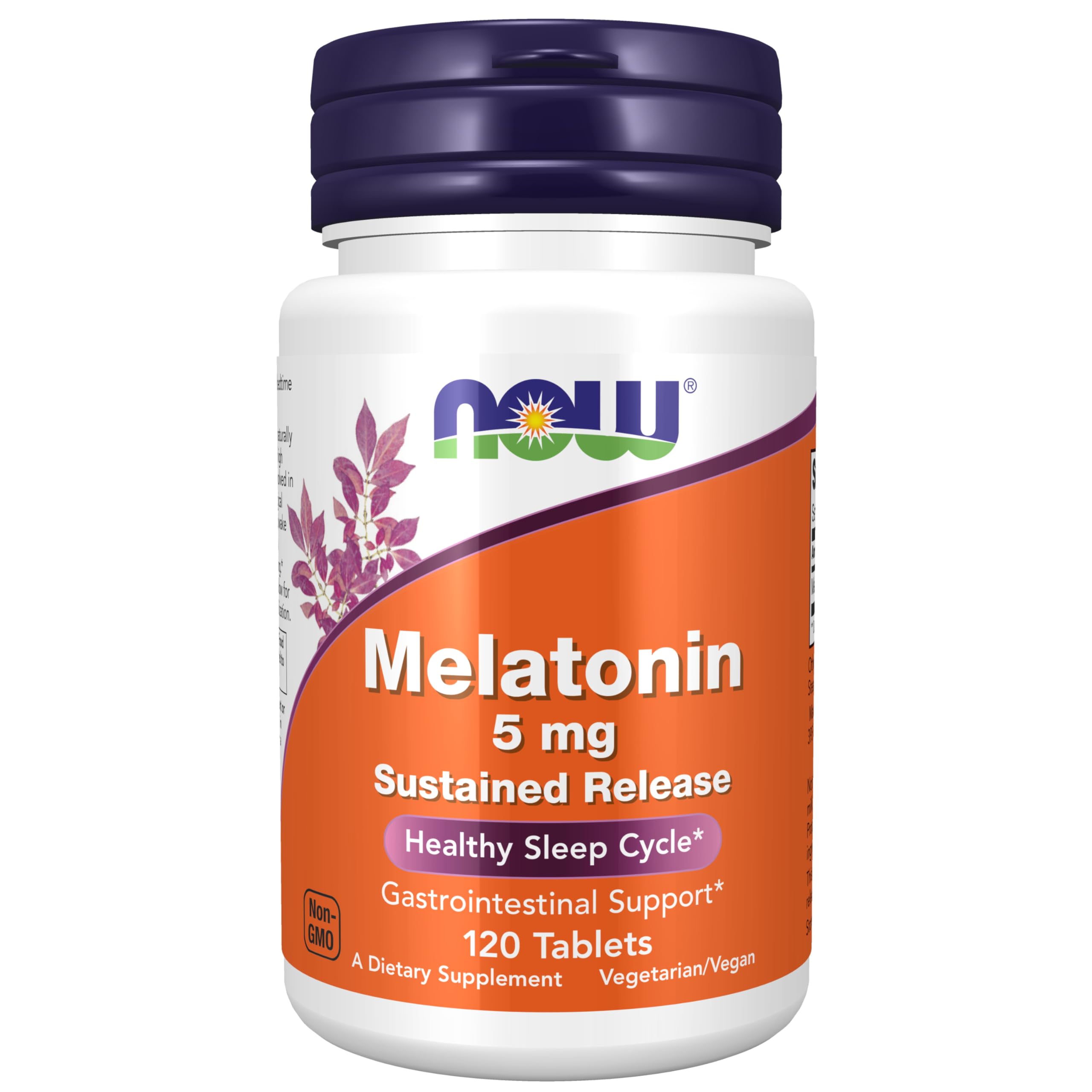 NOW Foods Melatonin 5 mg sustained-release bottle for smoother night-time support