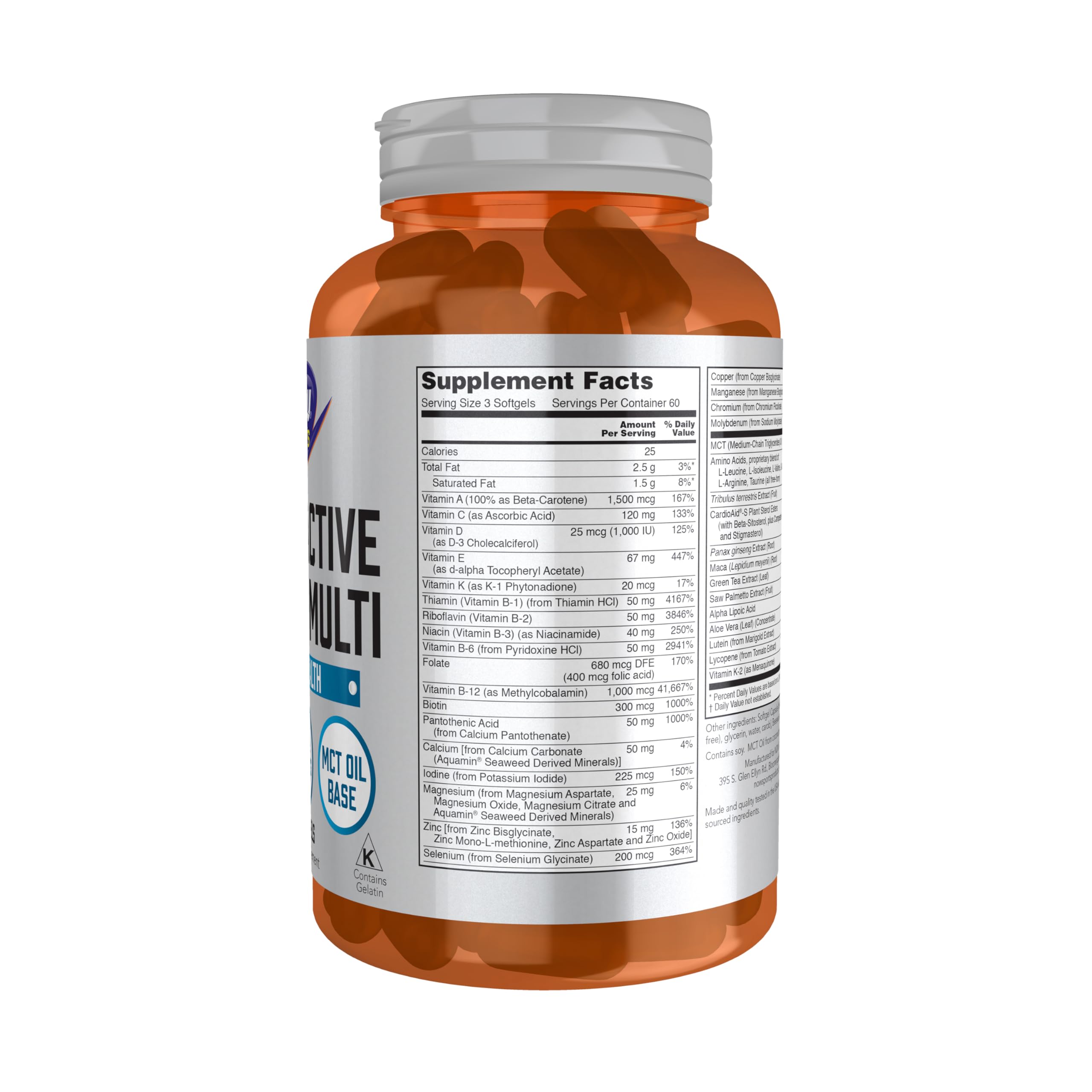 NOW Foods Men's Extreme Sports Multi label highlighting amino acids and herbal extracts.