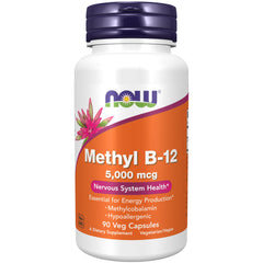 NOW Foods Methyl B-12 bottle front view for energy support and vegan formula.