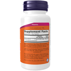 NOW Foods Methyl B-12 capsules close-up showing 5000 mcg potency for energy.