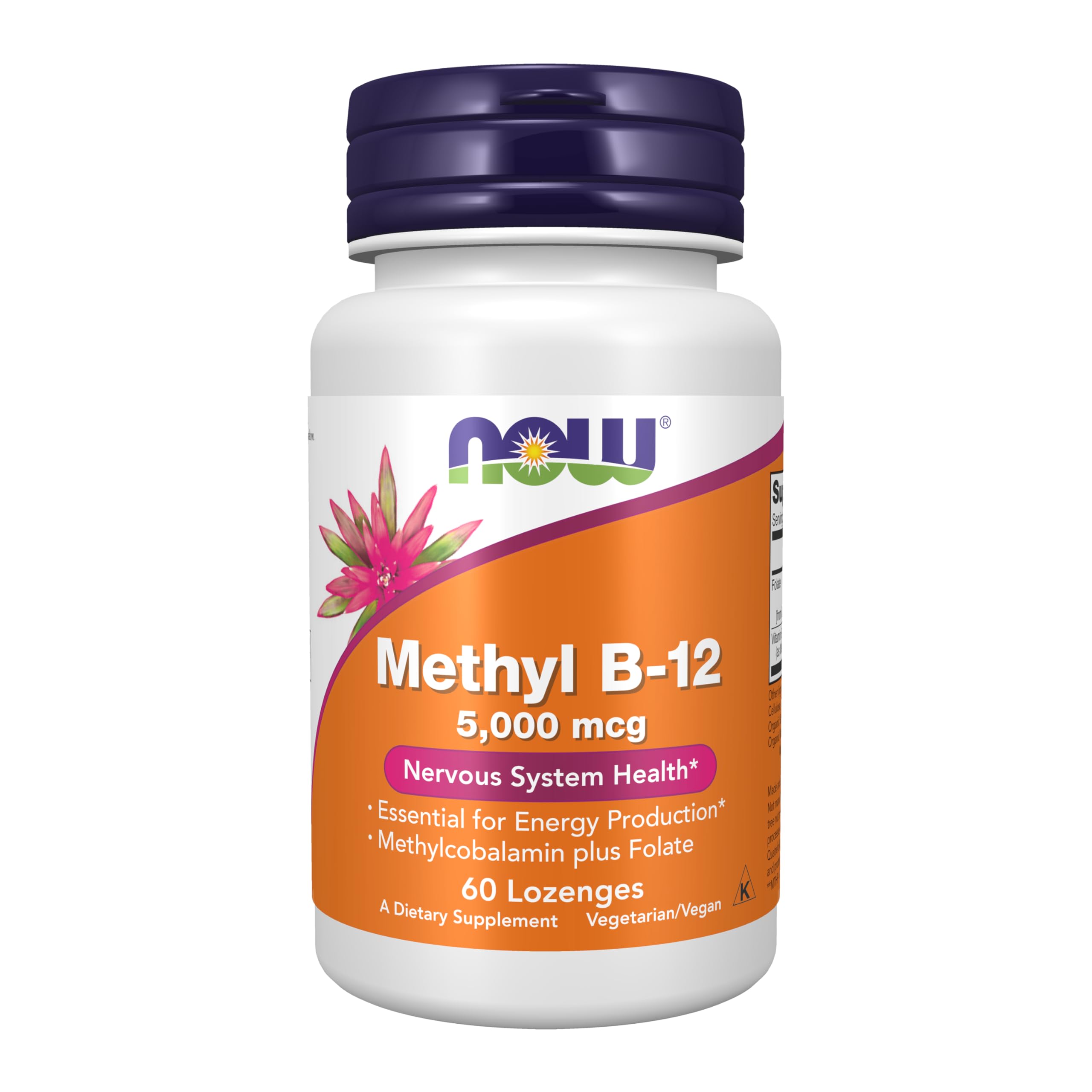 NOW Foods Methyl B-12 lozenges bottle label highlighting energy support and nervous system care