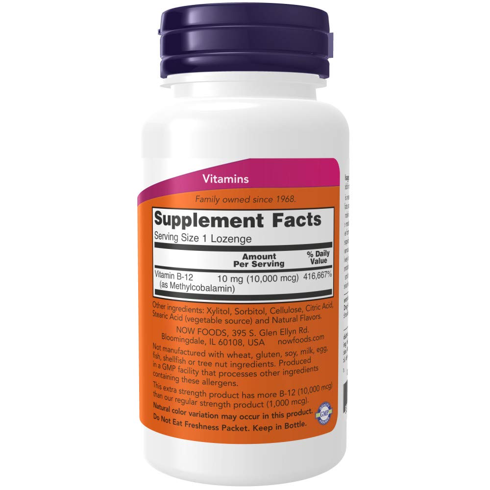 NOW Foods Methyl B-12 lozenges closeup bottle label highlights vegan origin