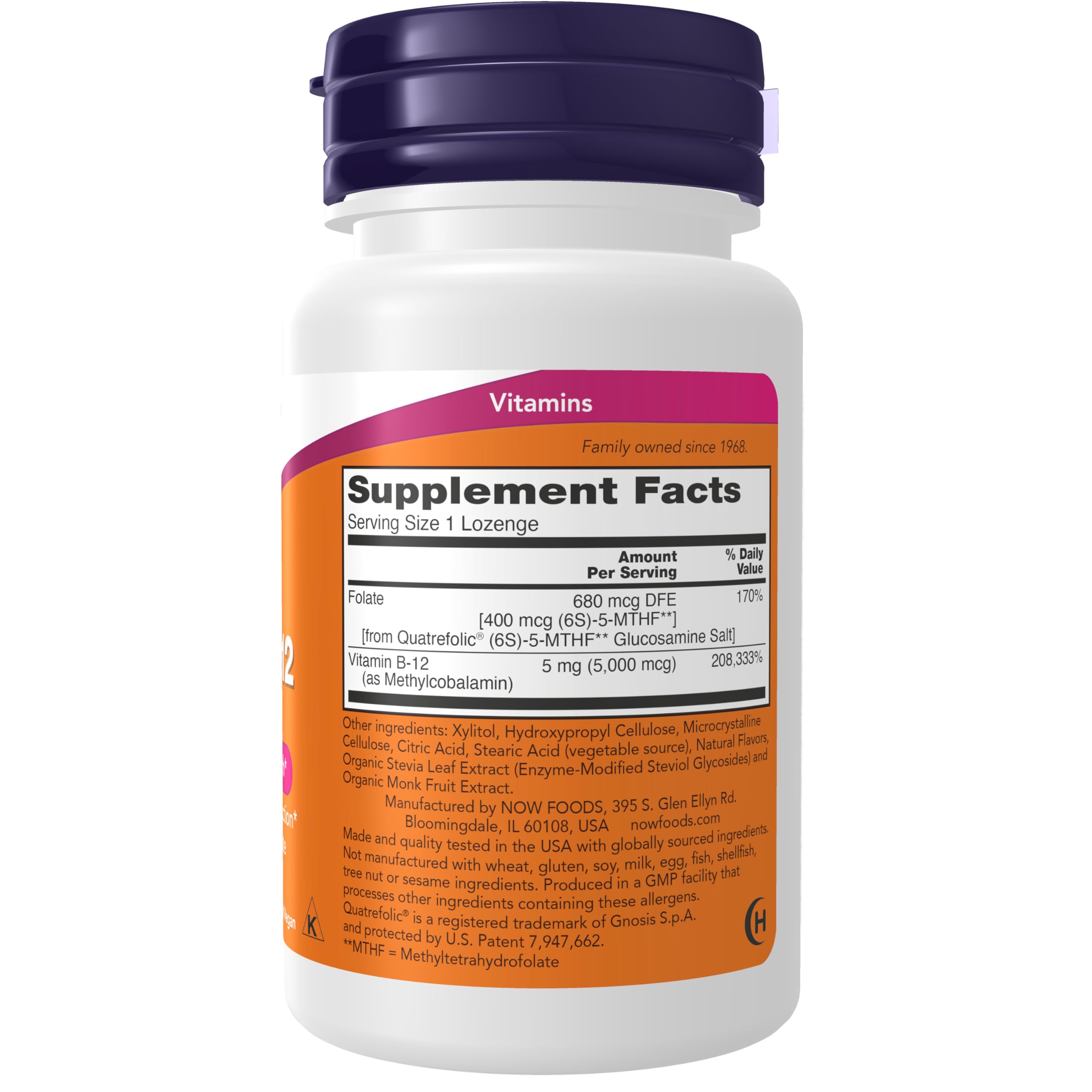NOW Foods Methyl B-12 lozenges bottle closeup with dosage info for daily energy support.