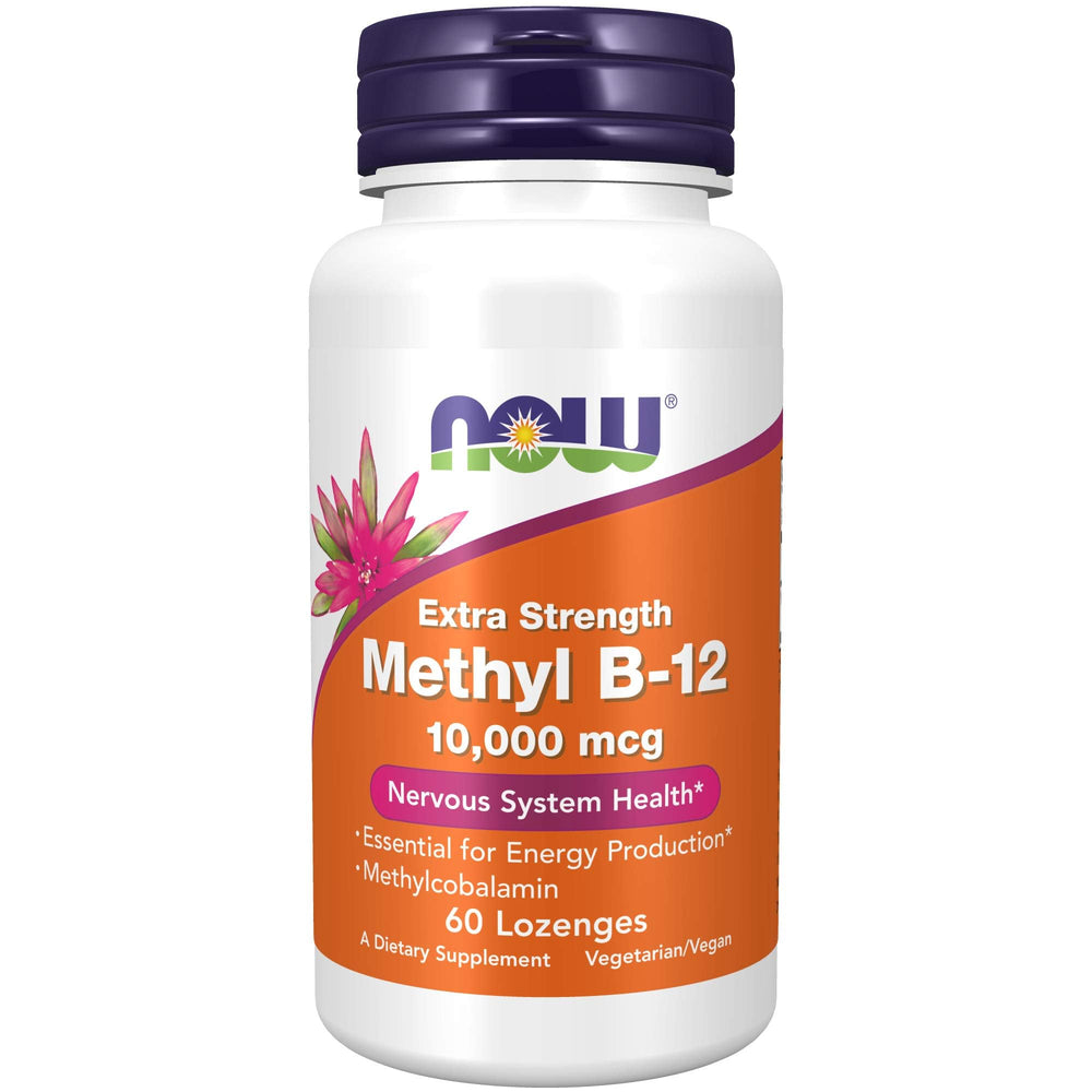 NOW Foods Methyl B-12 lozenges packaging highlighting vegan formula benefits.