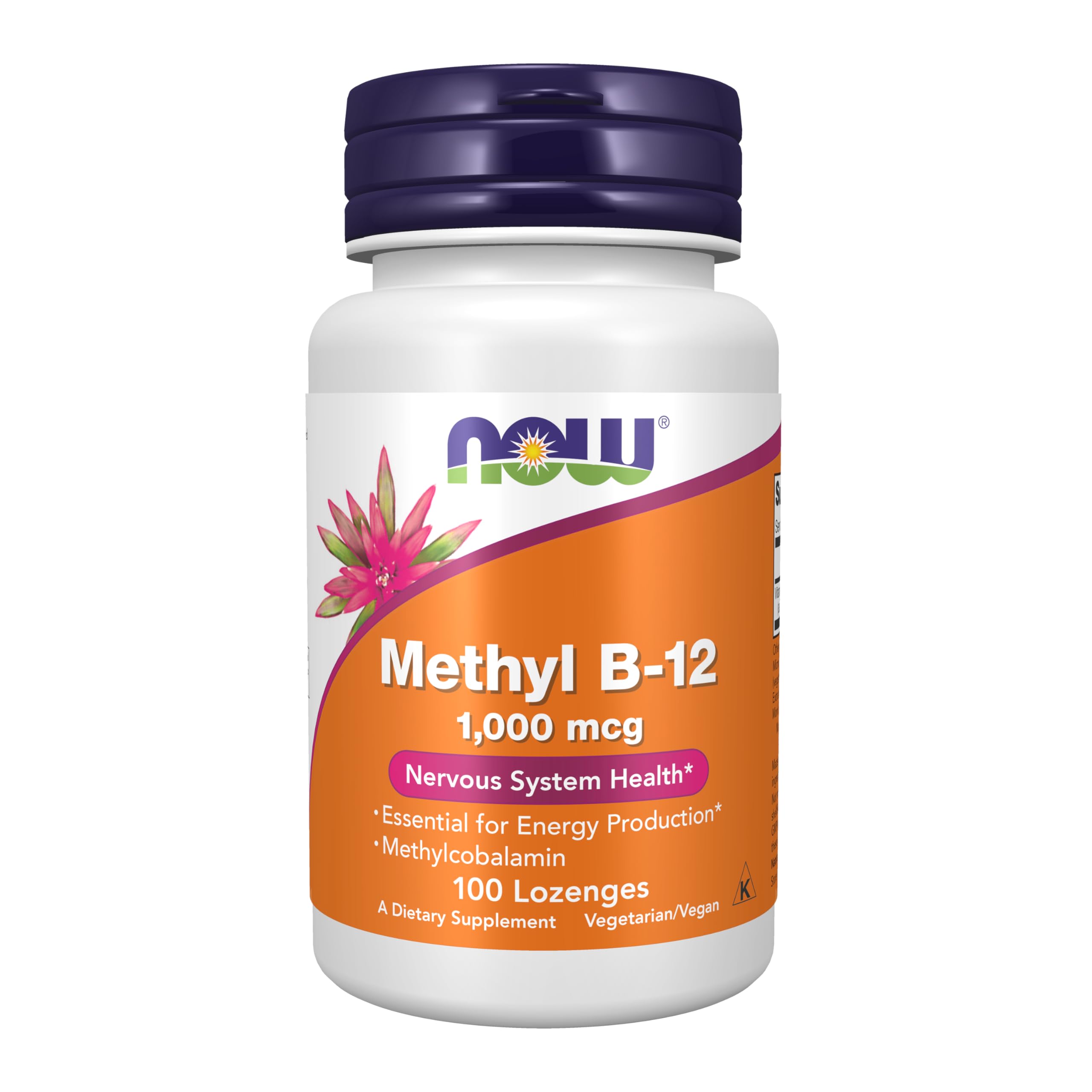 NOW Foods Methyl B-12 lozenges packaging highlights vegan certification for clean energy support