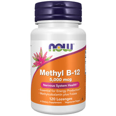 NOW Foods Methyl B-12 lozenges packaging shows vegan formula for energy support.