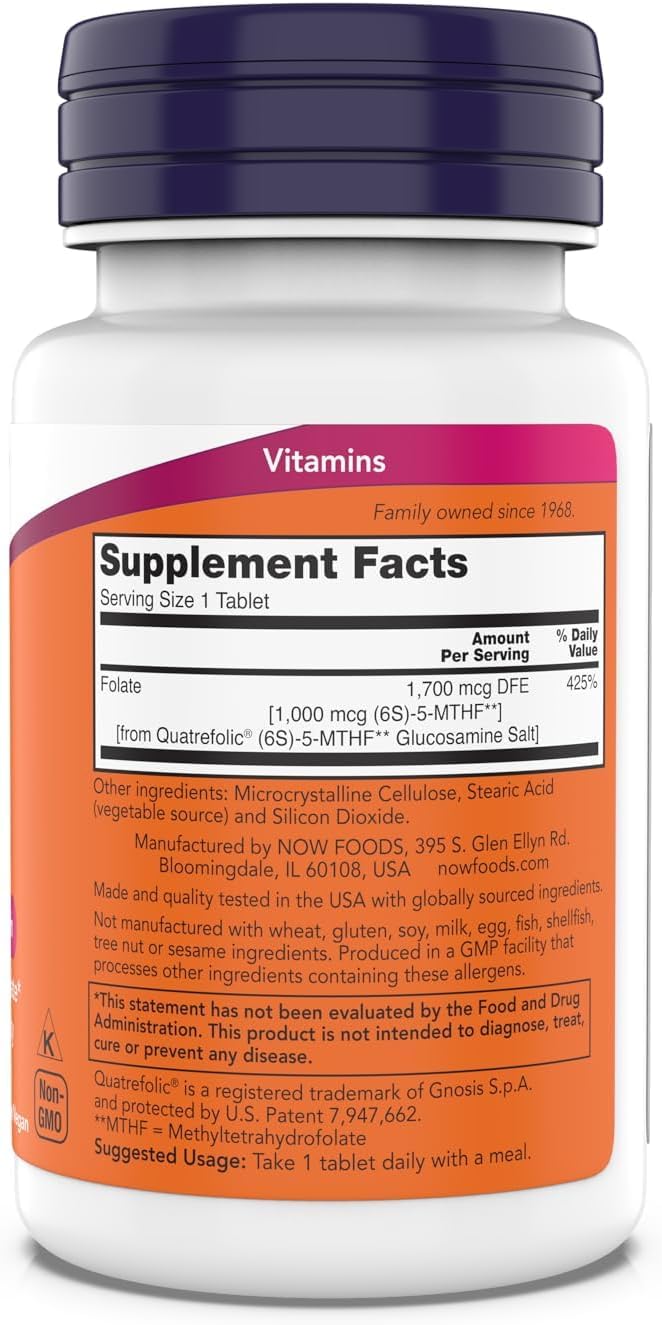 NOW Foods methylfolate packaging featuring Quatrefolic for bioavailability.