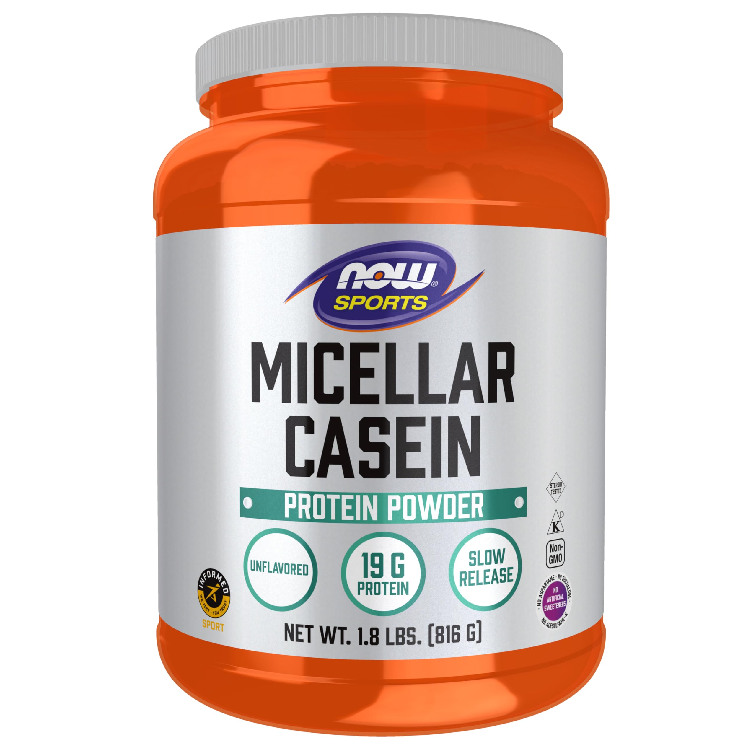 NOW Foods Micellar Casein bottle pour illustrates slow-release protein for sustained support.