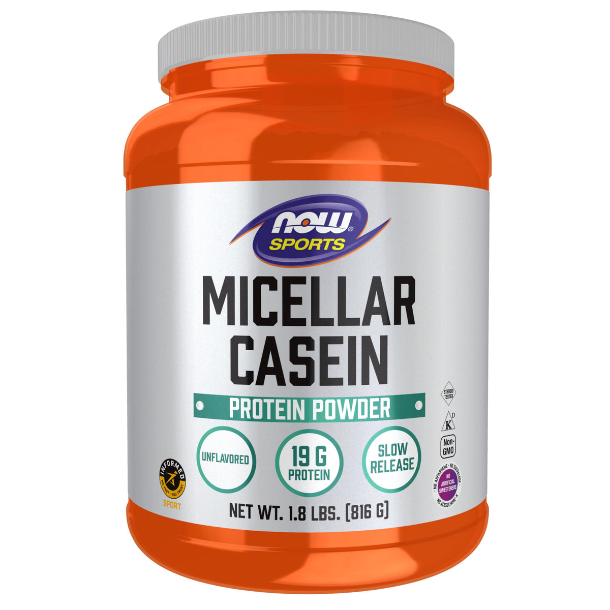 NOW Foods Micellar Casein bottle pour illustrates slow-release protein for sustained support.
