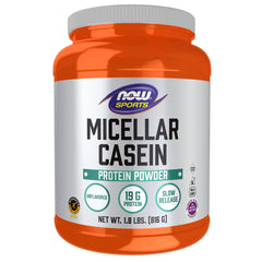 NOW Foods Micellar Casein bottle pour illustrates slow-release protein for sustained support.