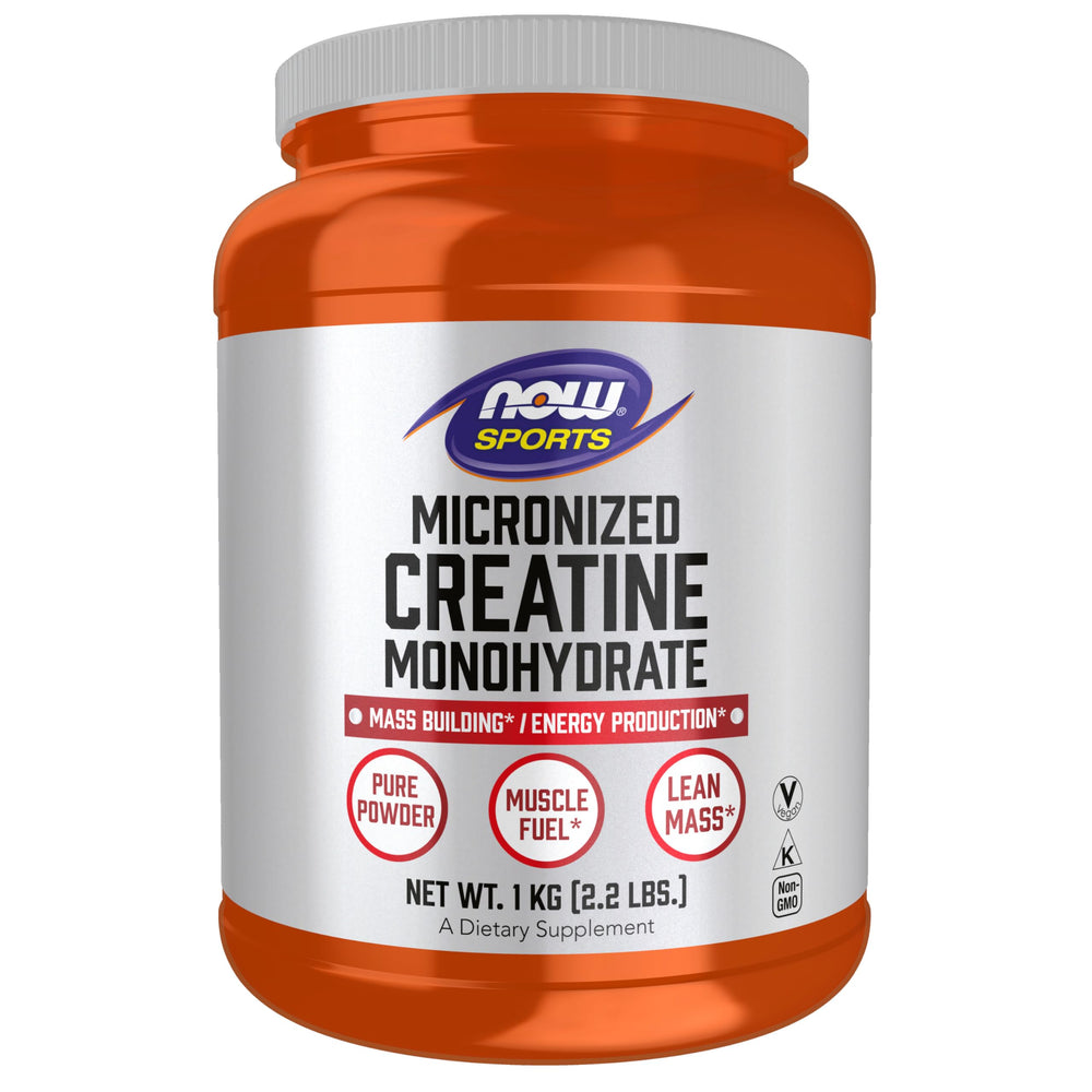 NOW Foods micronized creatine powder in a jar for easy mixing and lean mass support