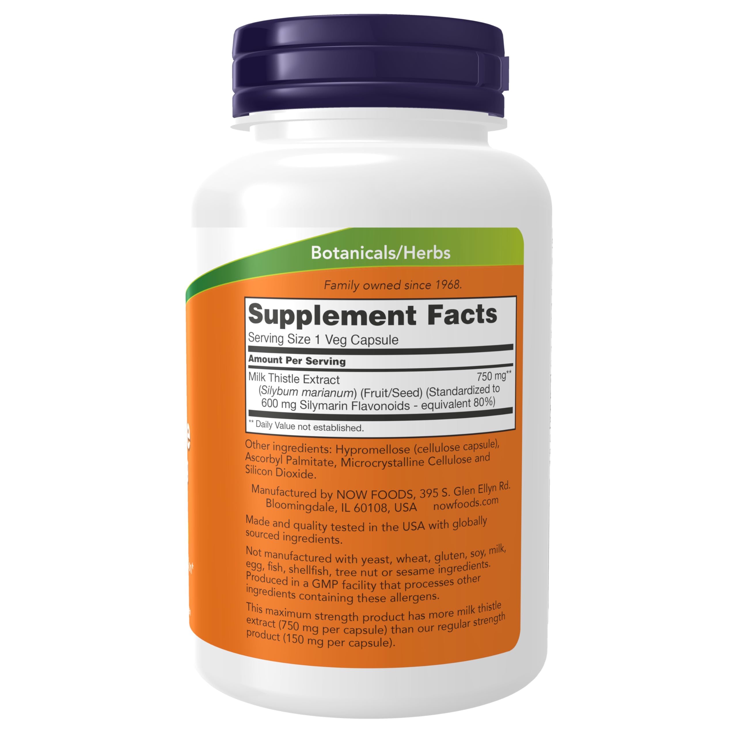 NOW Foods Milk Thistle bottle front close-up emphasizing maximum strength.