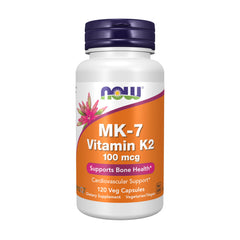 NOW Foods MK-7 bottle displaying packaging for daily vascular and bone support.