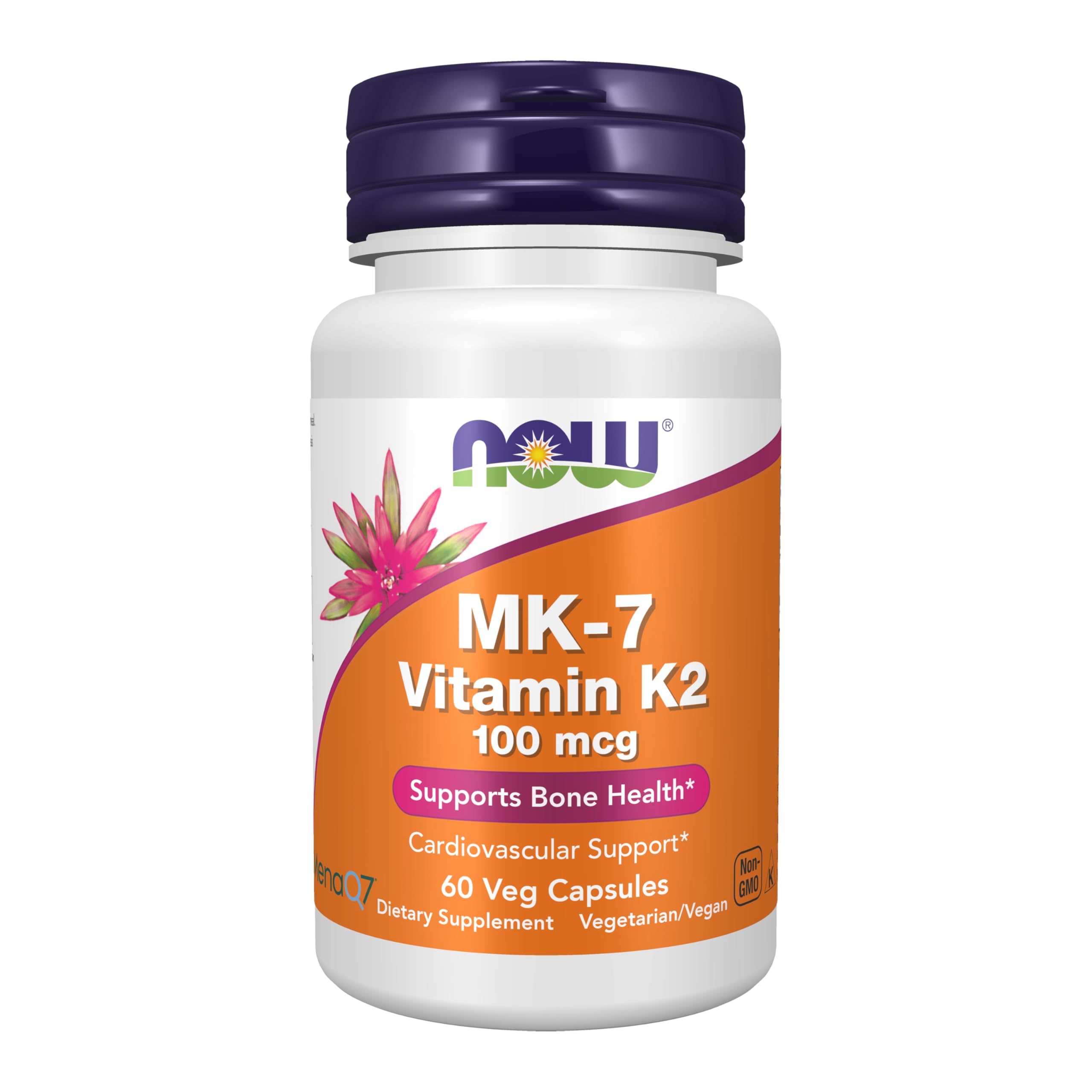 NOW Foods MK-7 bottle front showing vegan vitamin K-2 packaging and product name