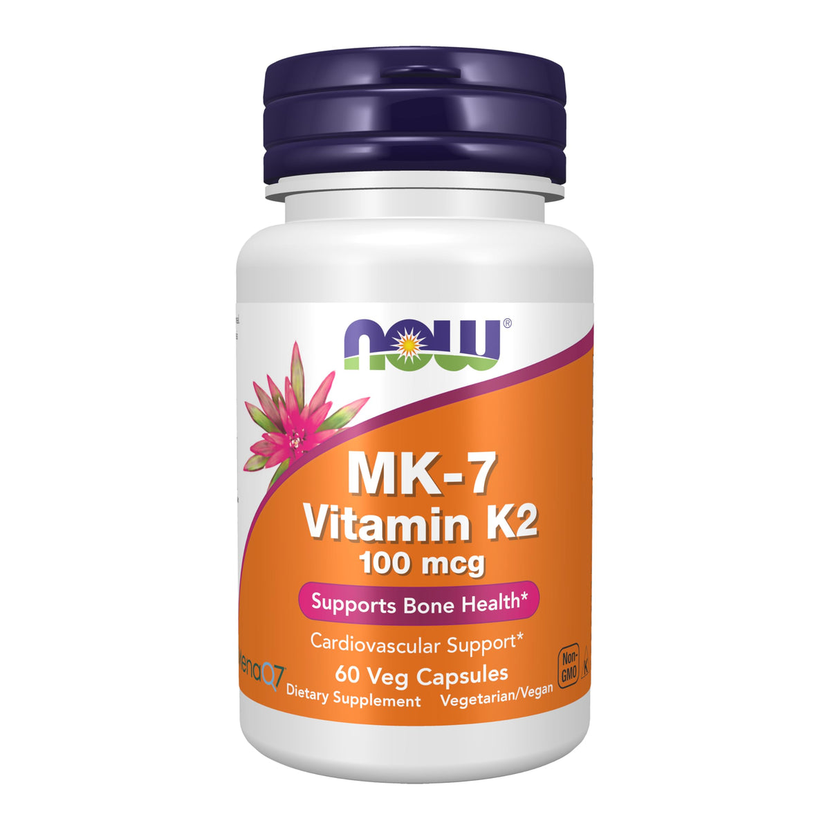 NOW Foods MK-7 bottle front showing vegan vitamin K-2 packaging and product name