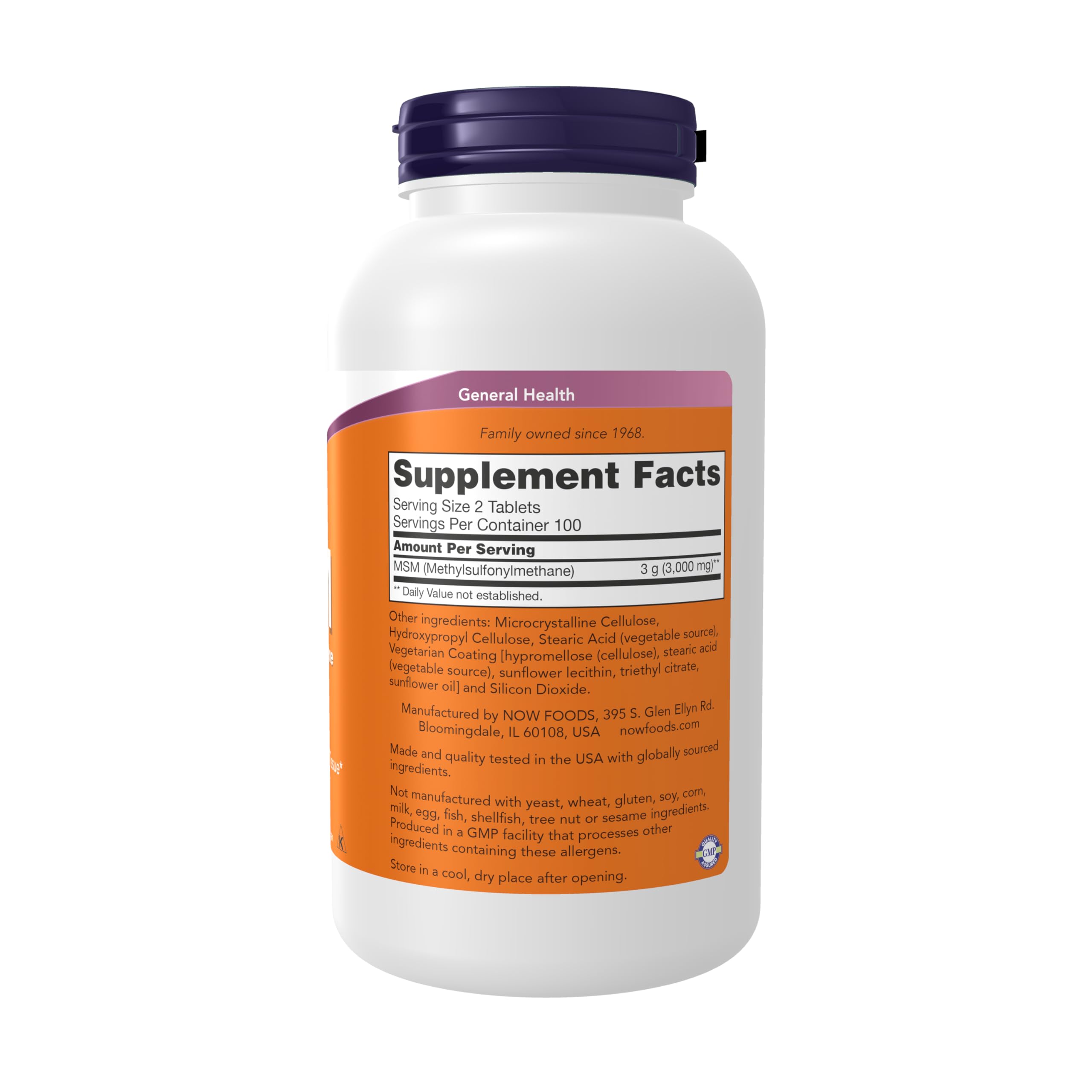 NOW Foods MSM label closeup highlighting purity and sulfur-based joint support.