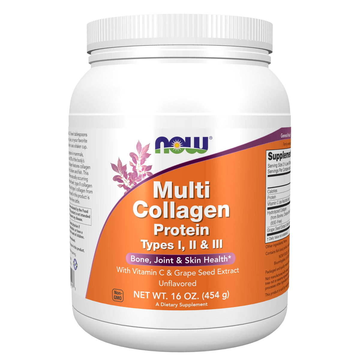 NOW Foods multi-collagen powder jar front for daily skin and joint support.