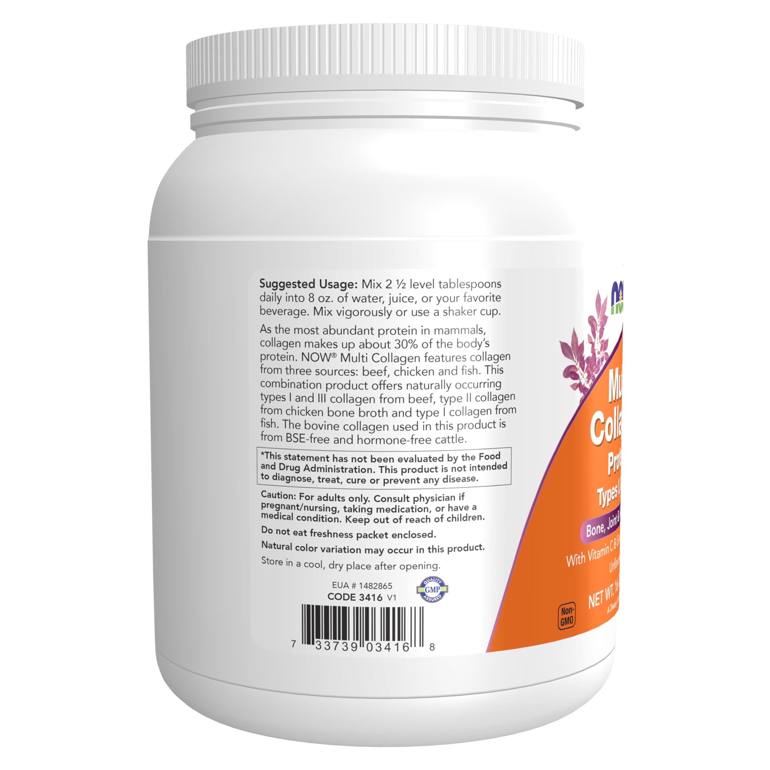 NOW Foods multi-collagen sources image highlights types I, II, and III.
