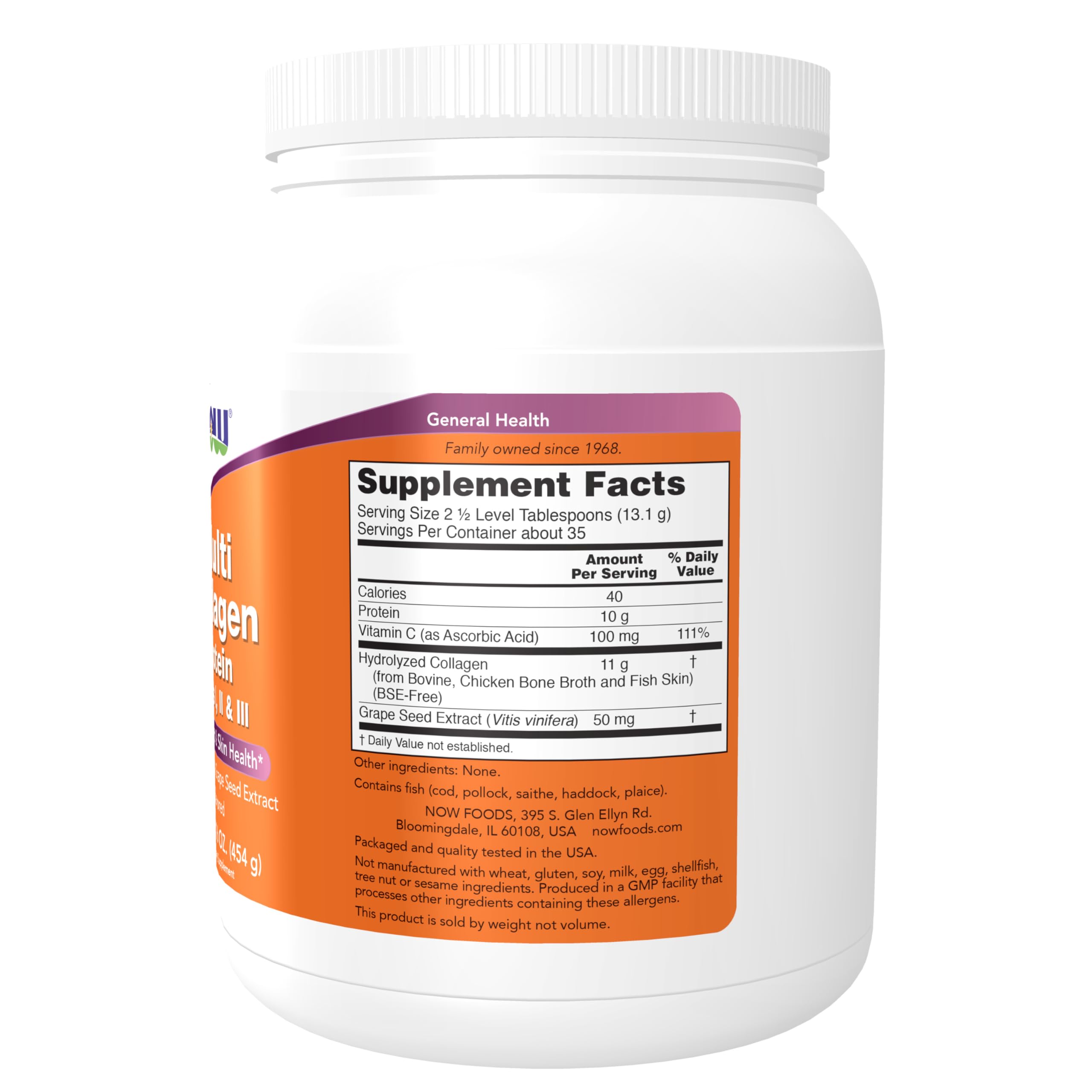 NOW Foods multi-collagen powder scoop illustrating convenient daily serving.