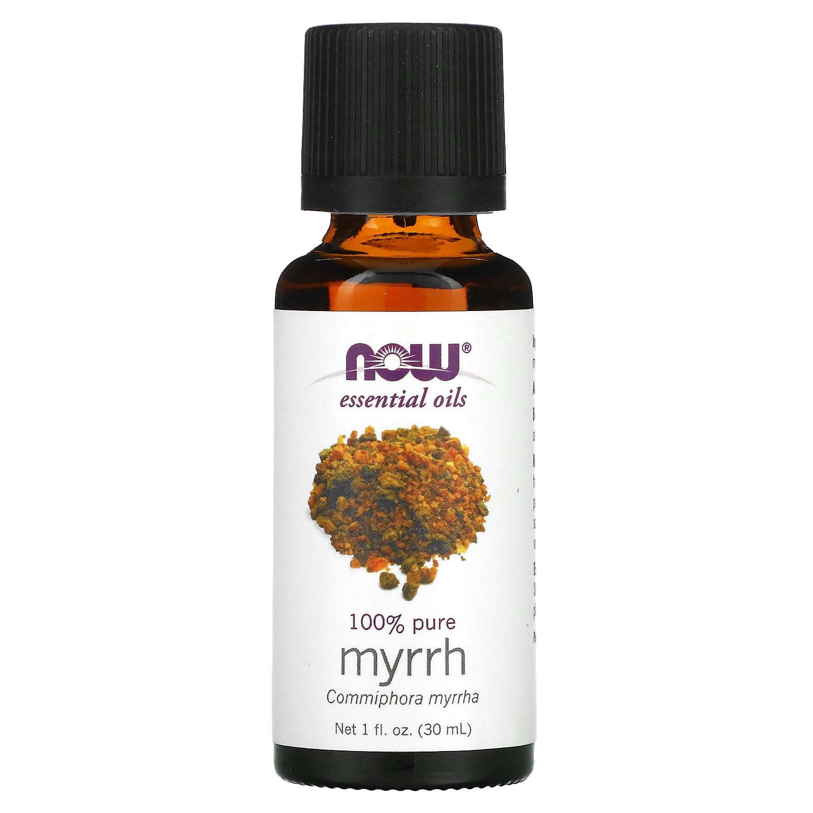 NOW Foods Myrrh essential oil bottle showing pure resin aroma for meditative moments.