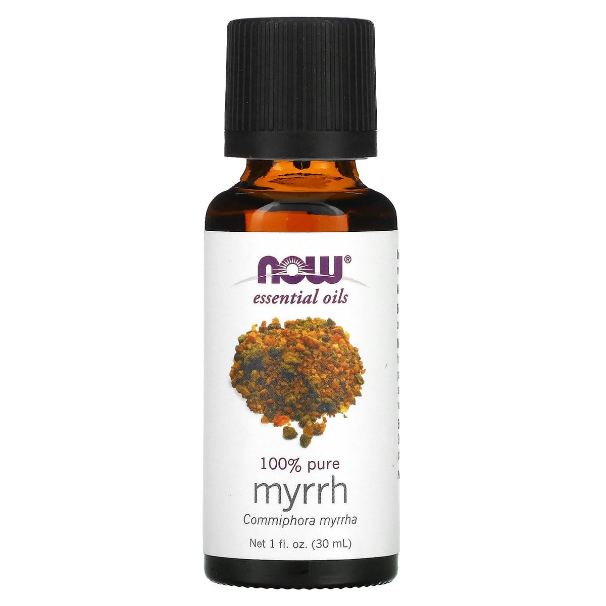 NOW Foods Myrrh essential oil bottle showing pure resin aroma for meditative moments.