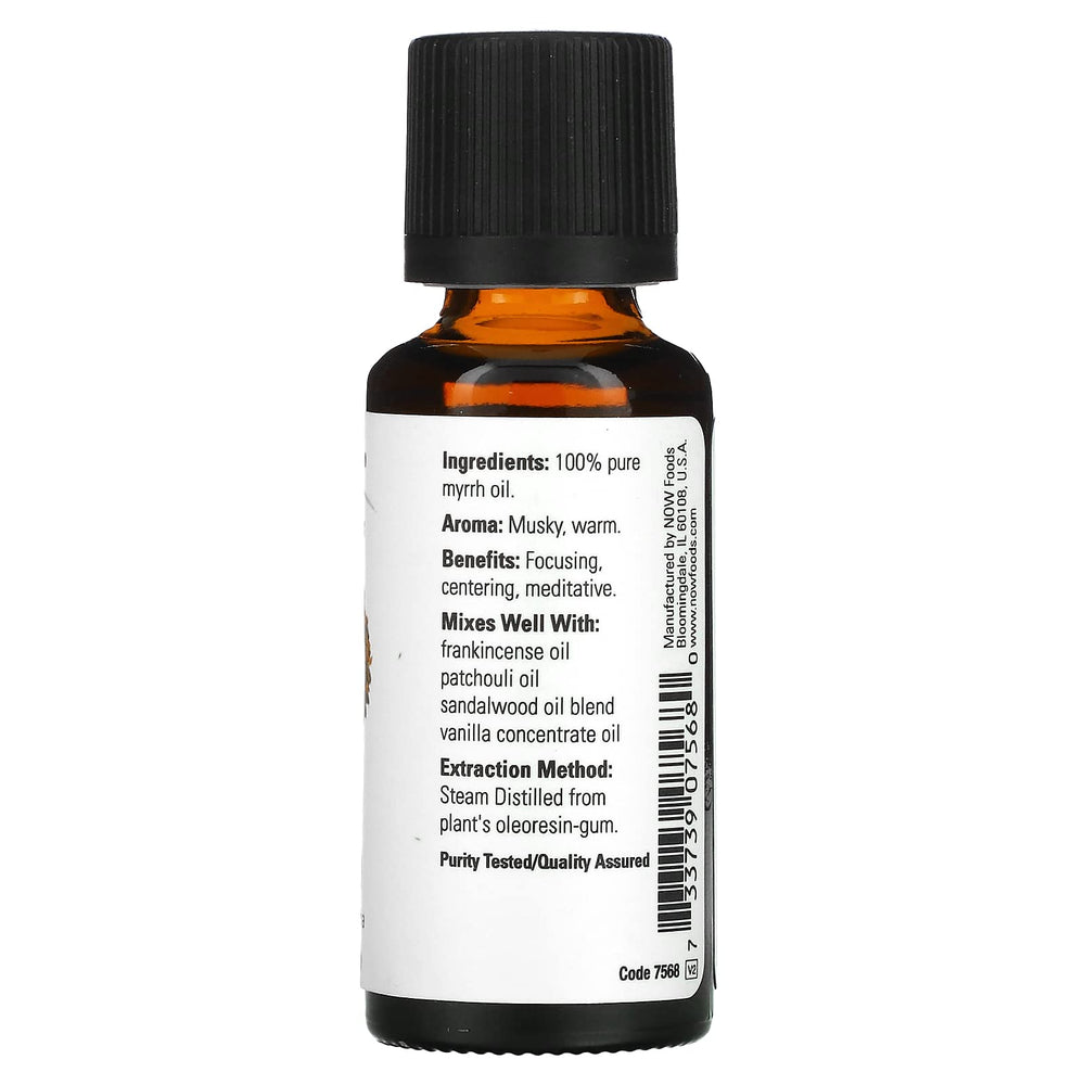 NOW Foods Myrrh essential oil diffuser image highlighting soothing scent and versatile blends.