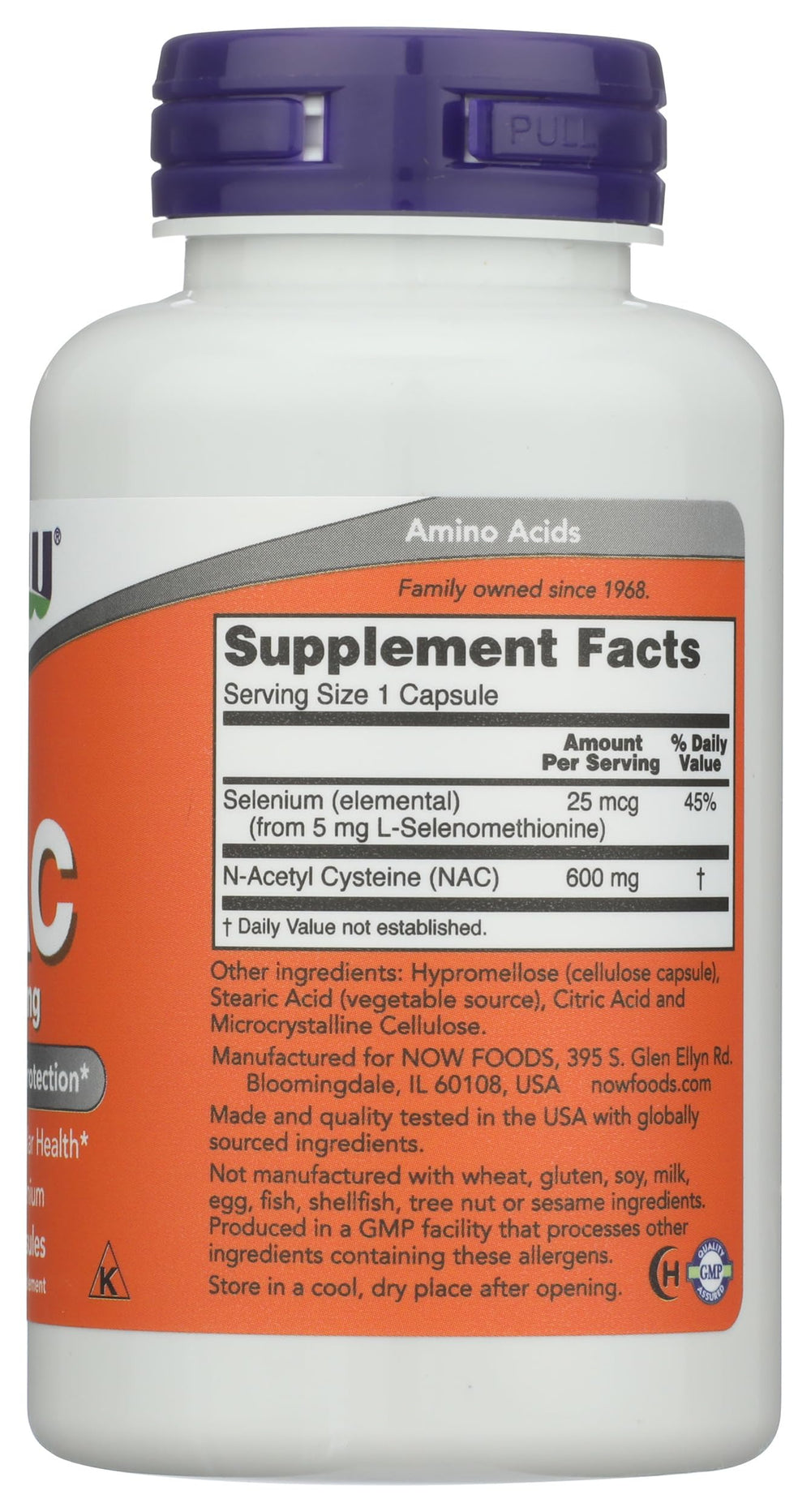 NOW Foods NAC ingredients panel highlights selenium and molybdenum.